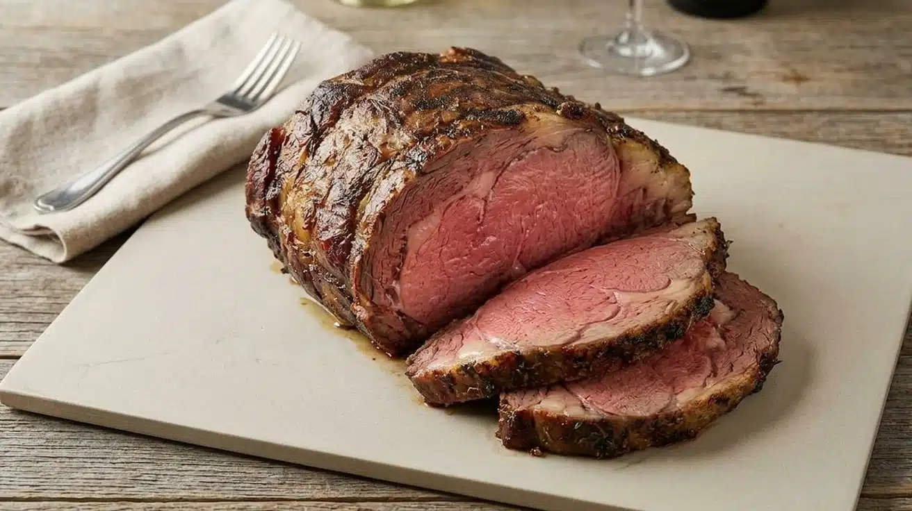 A prime rib roast displayed on a cutting board with a fork for an elegant dining setting.
