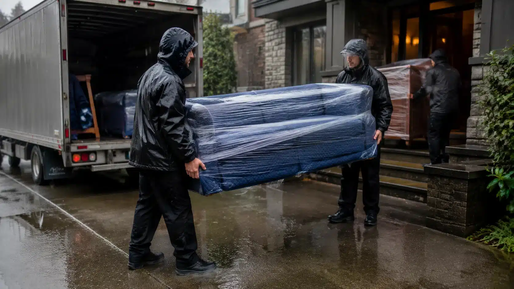 professional movers carrying waterproof wrapped furniture through rain outside a house with a moving truck on a wet driveway