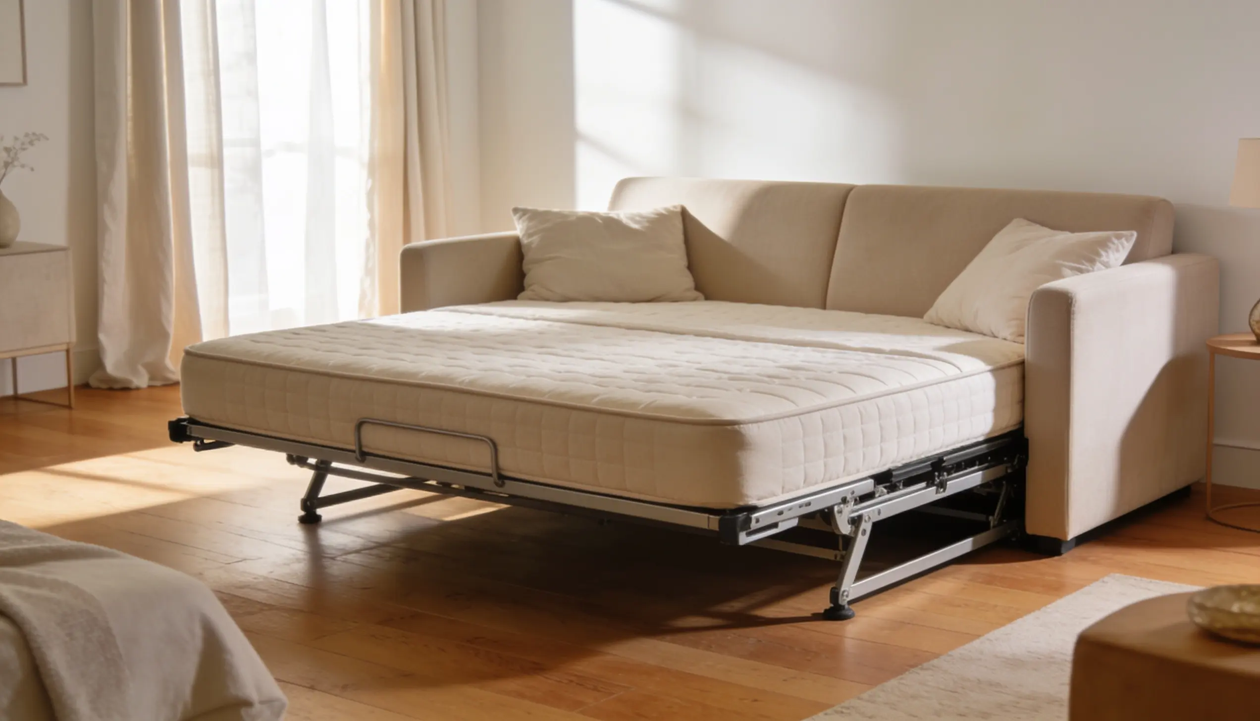 A pull out sleeper sofa with hidden mattress extended into a comfortable bed showing the fold out frame and full mattress