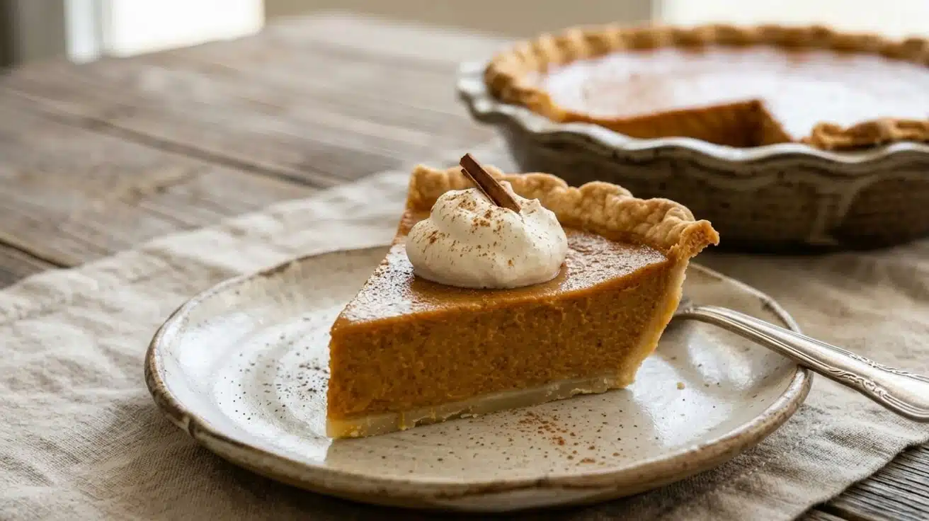 A slice of pumpkin pie topped with a dollop of whipped cream on a white plate.