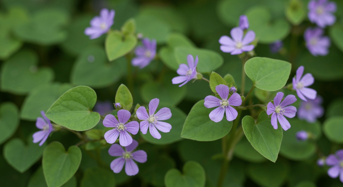Purple wildflowers bloom among heart-shaped green leaves against a softly blurred garden background.