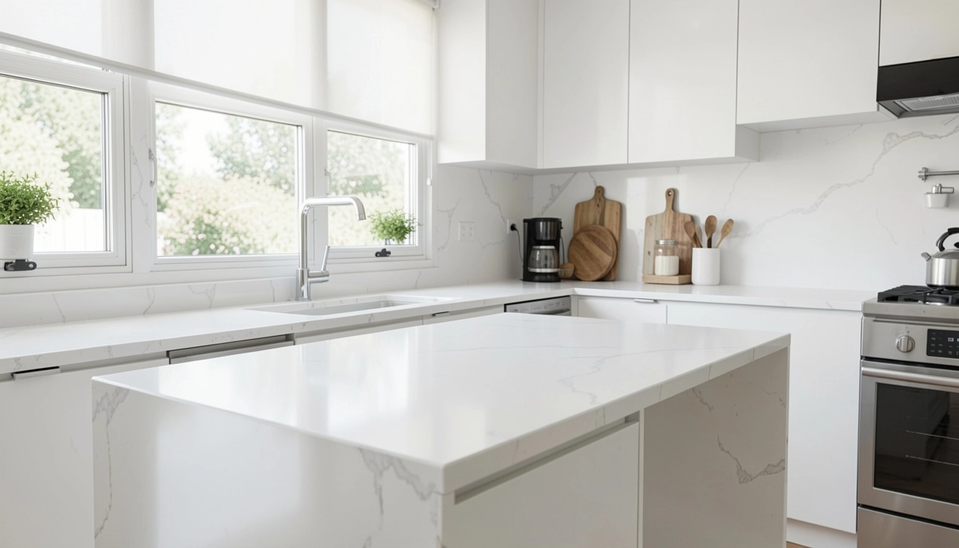 Modern white kitchen with white quartz countertops matching island subtle gray veining and large sunlit windows