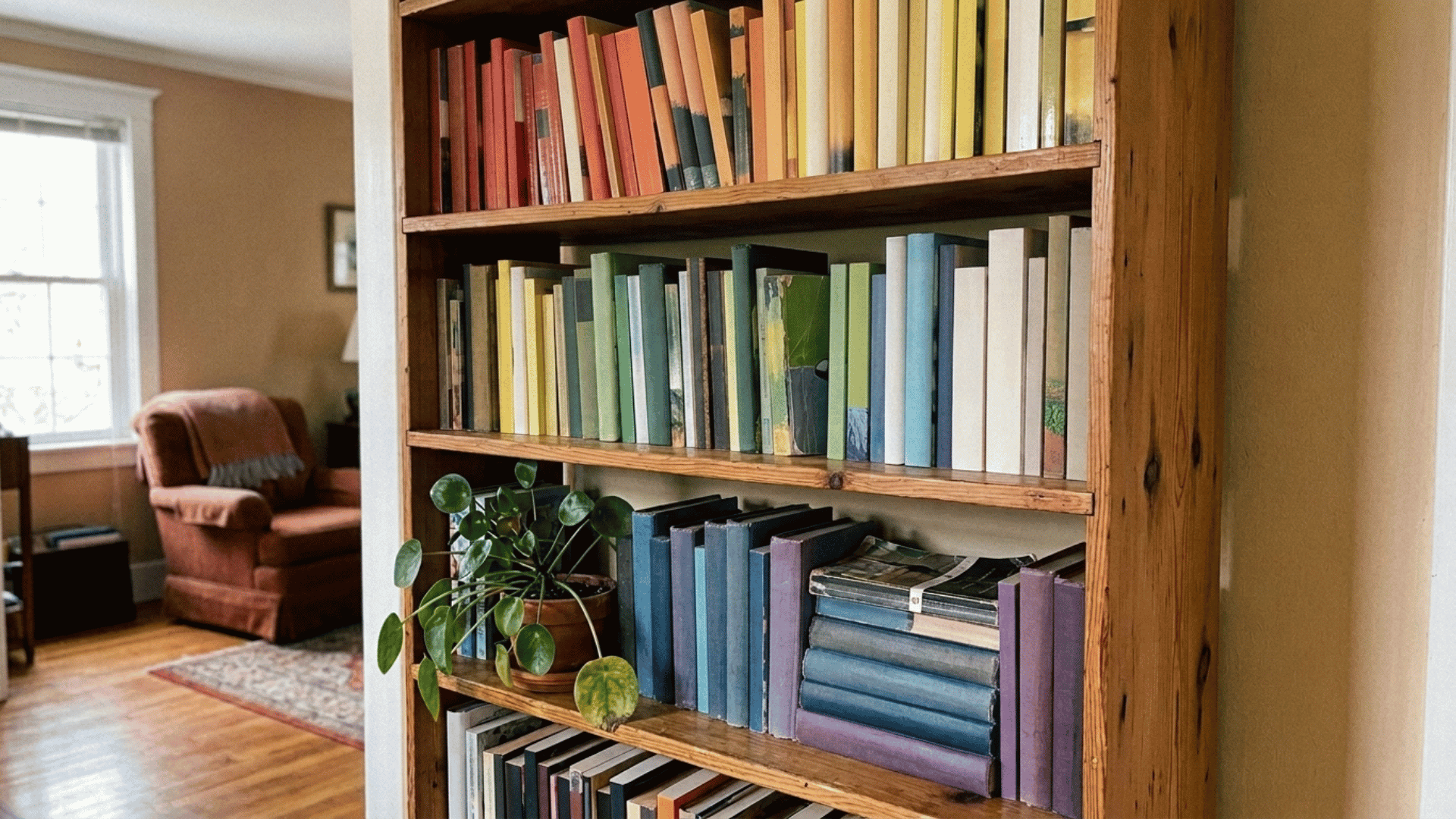 wooden bookshelf with books arranged in a rainbow color gradient and a small plant