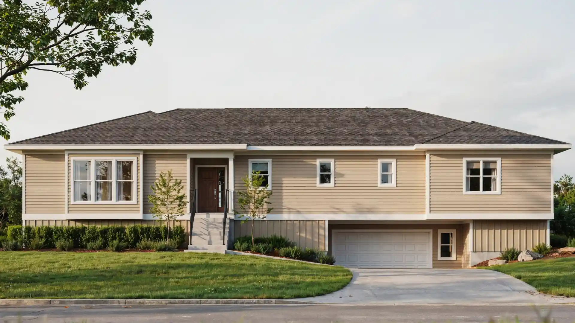 A tan raised rambler house with a dark roof and a two-car garage sits behind a manicured lawn.