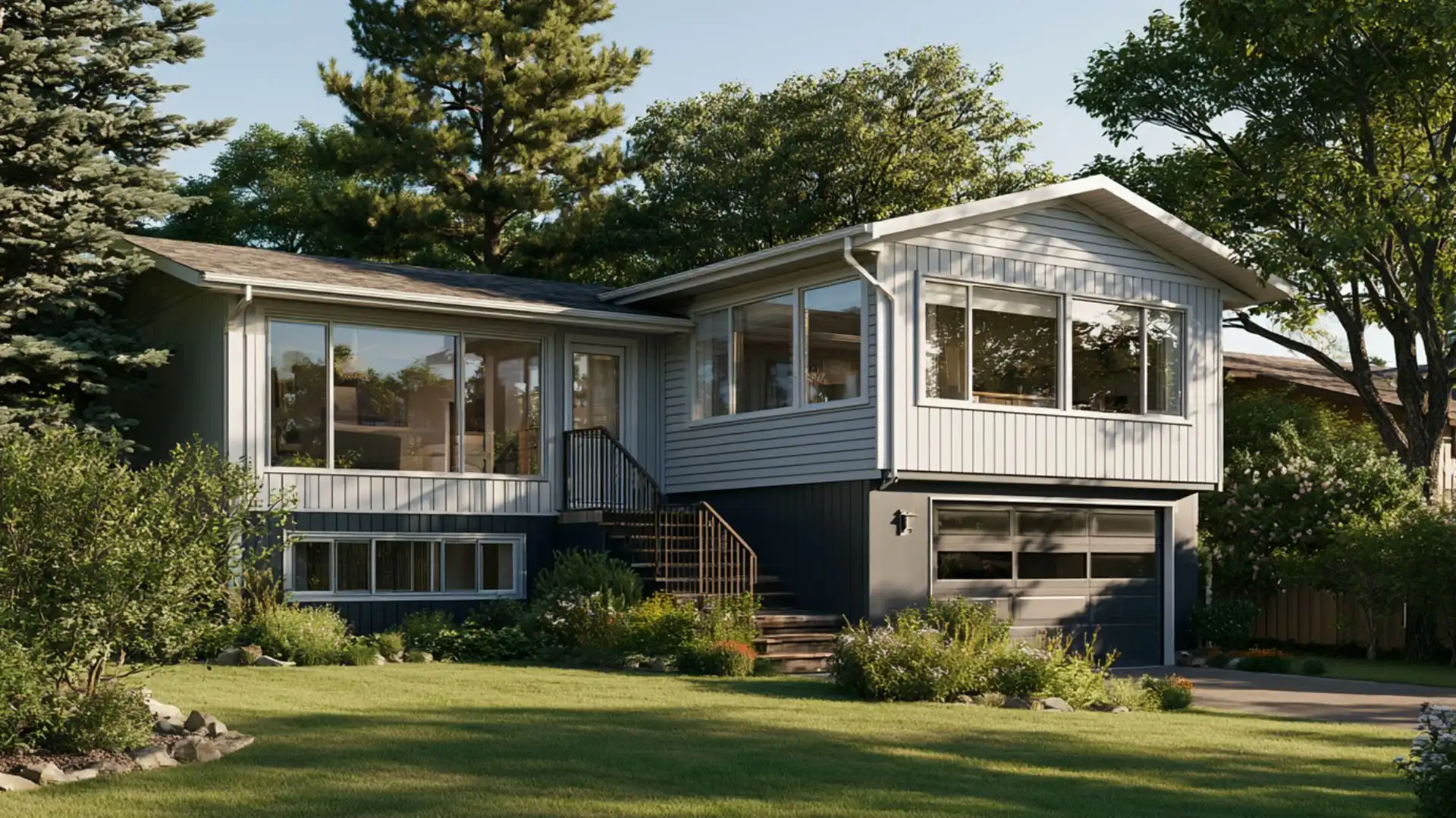Split-level suburban home with light gray siding, large windows, an attached single-car garage, and a manicured front lawn surrounded by mature trees.