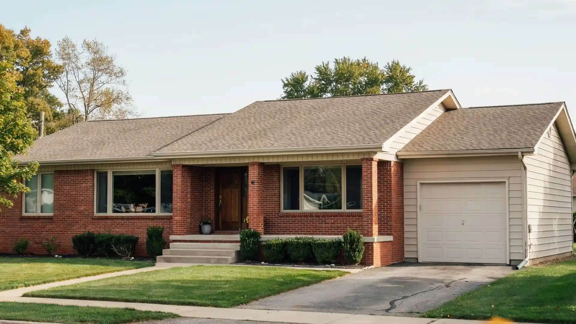 Single-story brick house with a covered porch, large windows, and an attached garage under a bright sky.