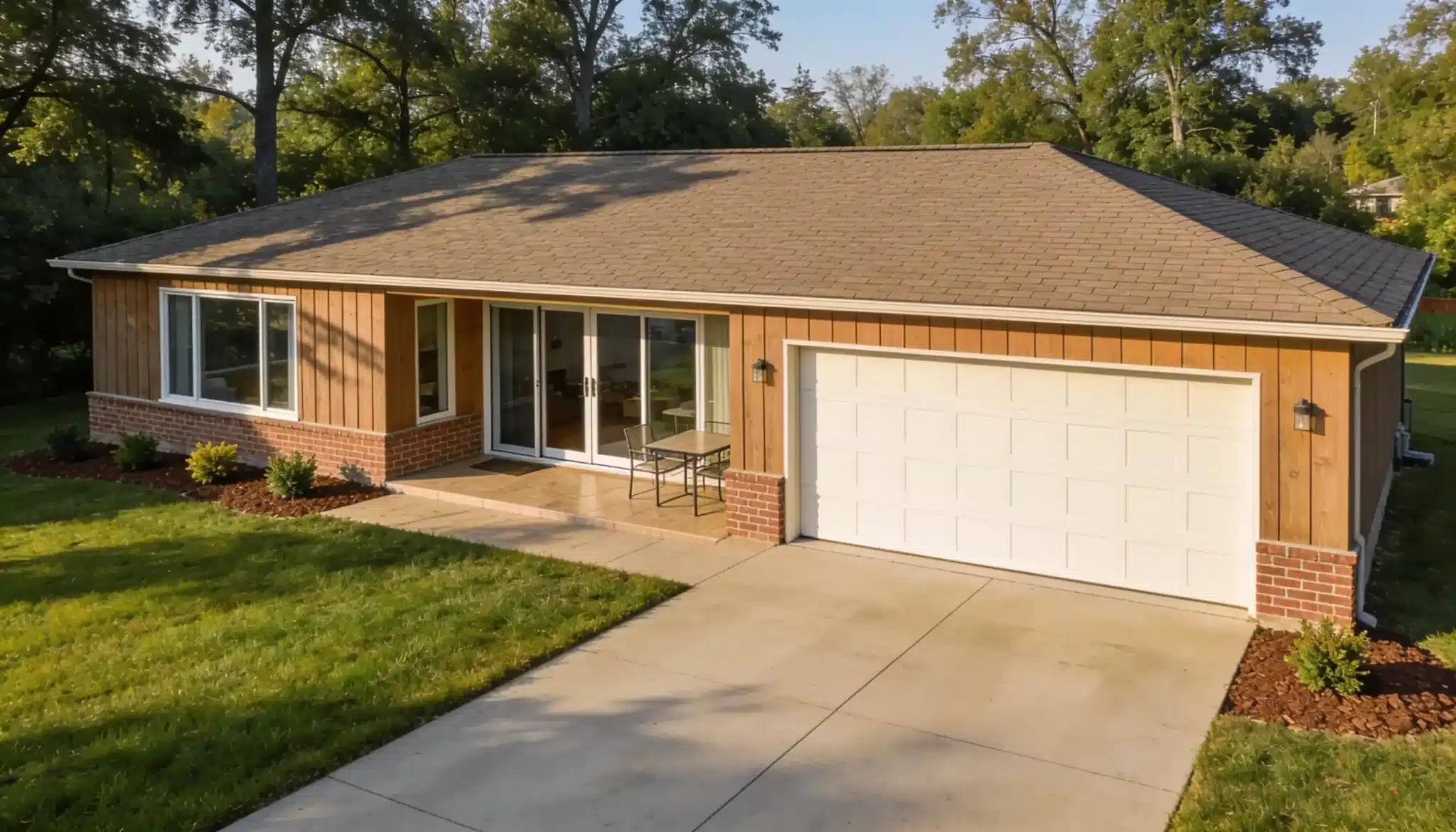 A modern single-story house with wood siding large windows a white garage door and a concrete driveway surrounded by lush green grass and trees.