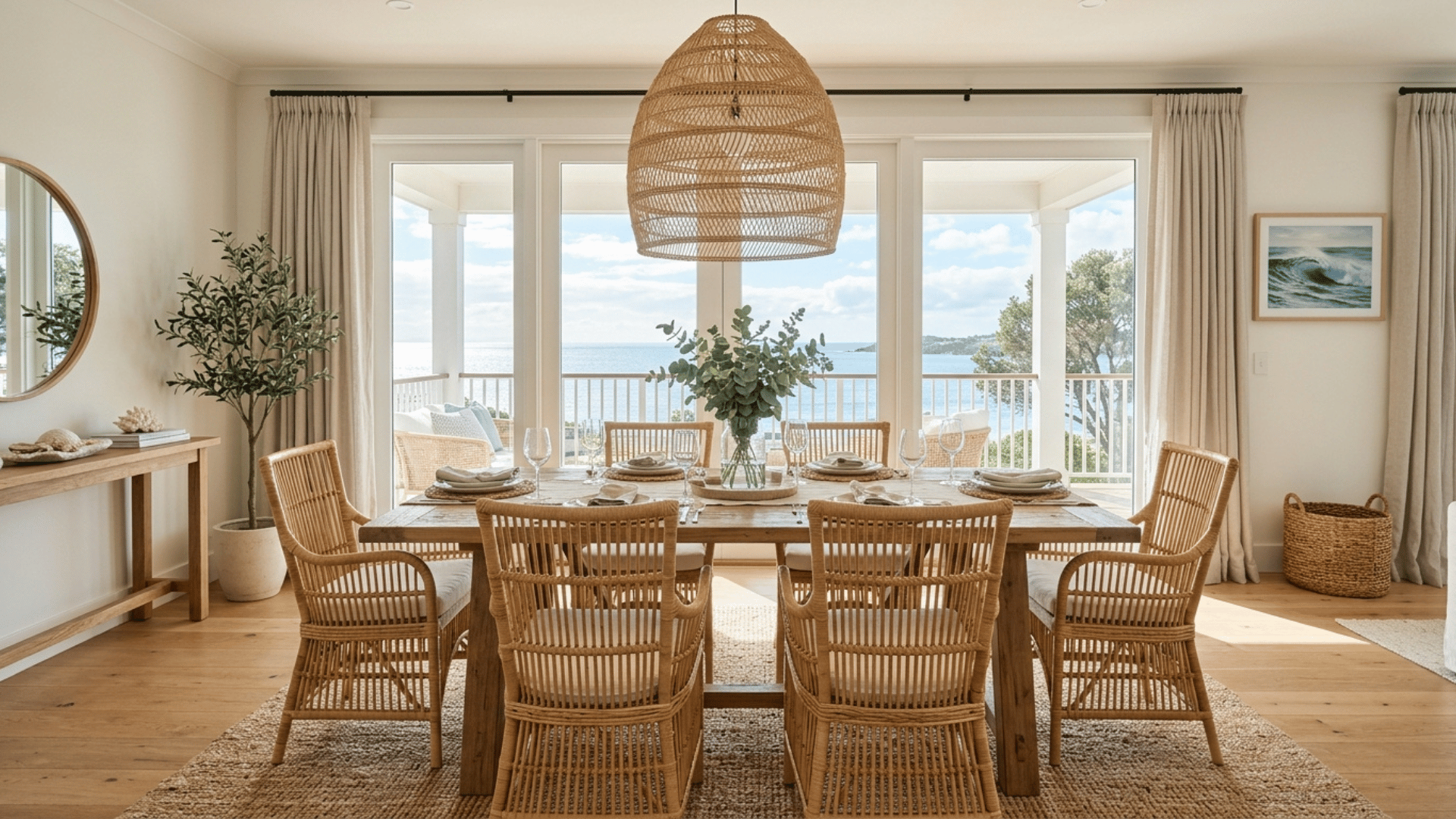 rattan dining chairs paired with a woven pendant light fixture