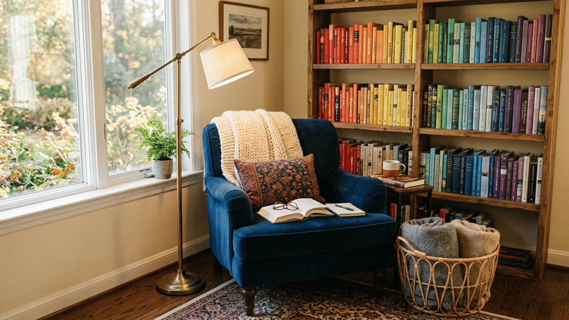 reading nook with a deep armchair, floor lamp, and color-sorted books