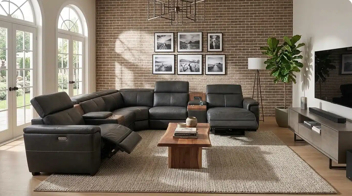 A reclining sectional sofa in a living room featuring leather furniture and a rustic brick wall backdrop.