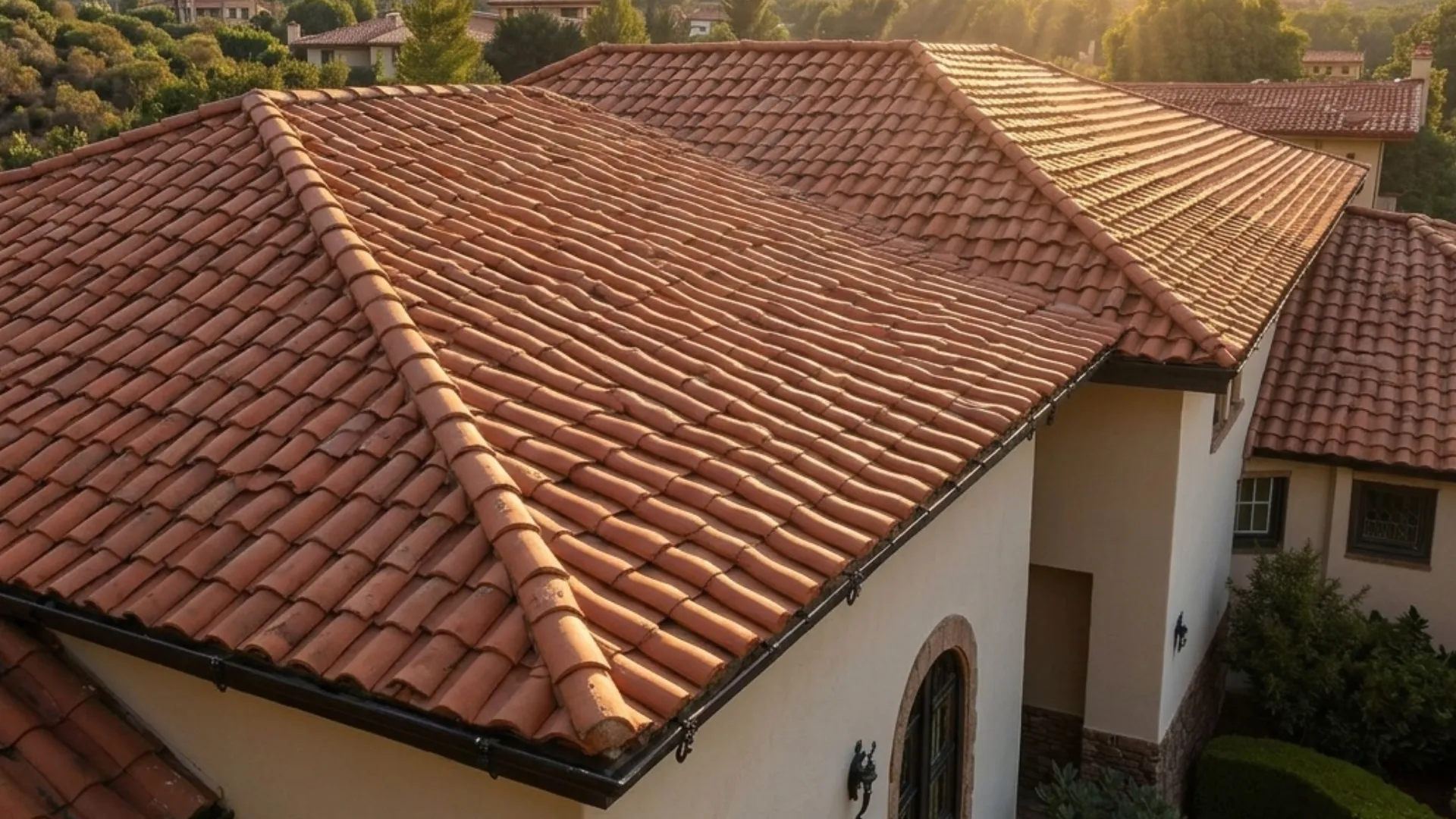 Close-up view of a red tile roof on a stucco house with arched windows and greenery.