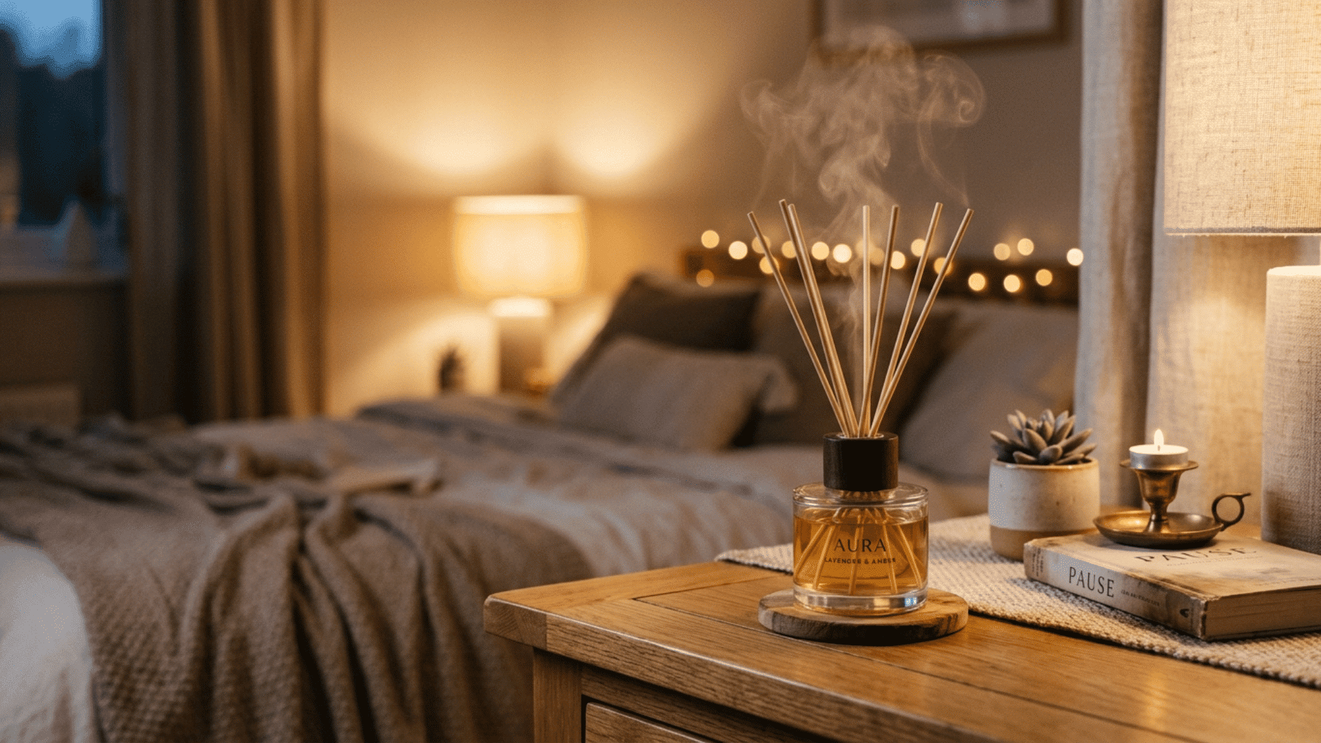 wooden reed diffuser with rising scent on a nightstand in a warm cozy bedroom