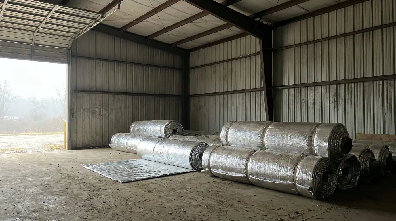 Rolls of reflective insulation stacked in an empty metal warehouse with open garage door