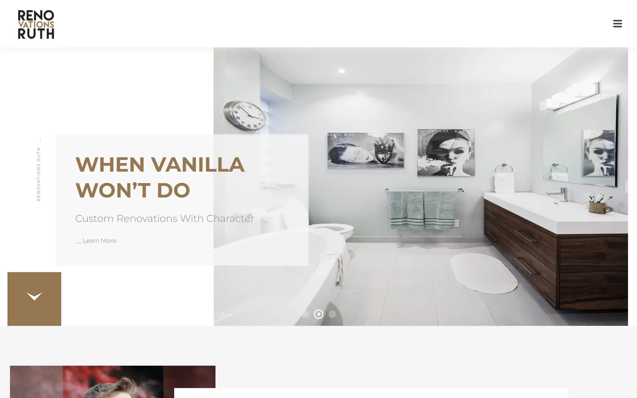 Modern bathroom with floating wooden vanity, round clock, and monochrome artwork on light gray walls