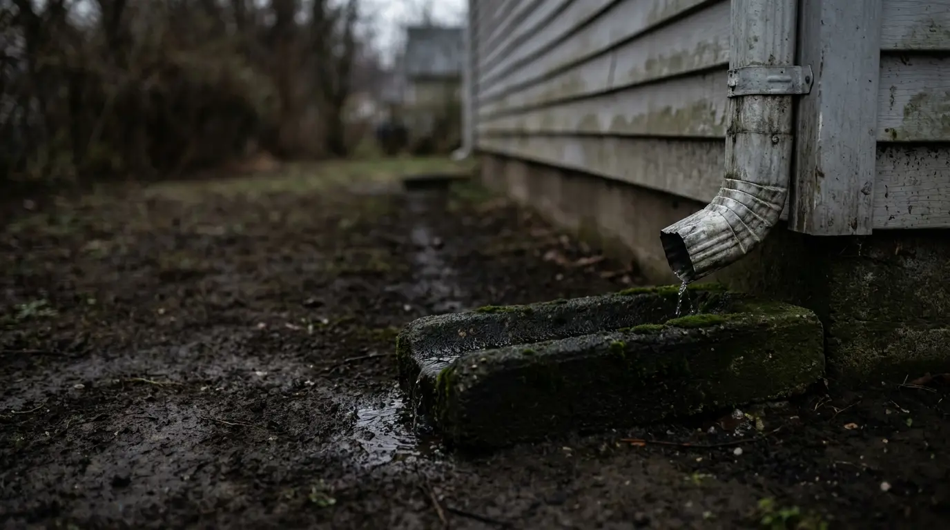 Rainwater dripping from a gutter downspout onto a muddy ground next to a house wall