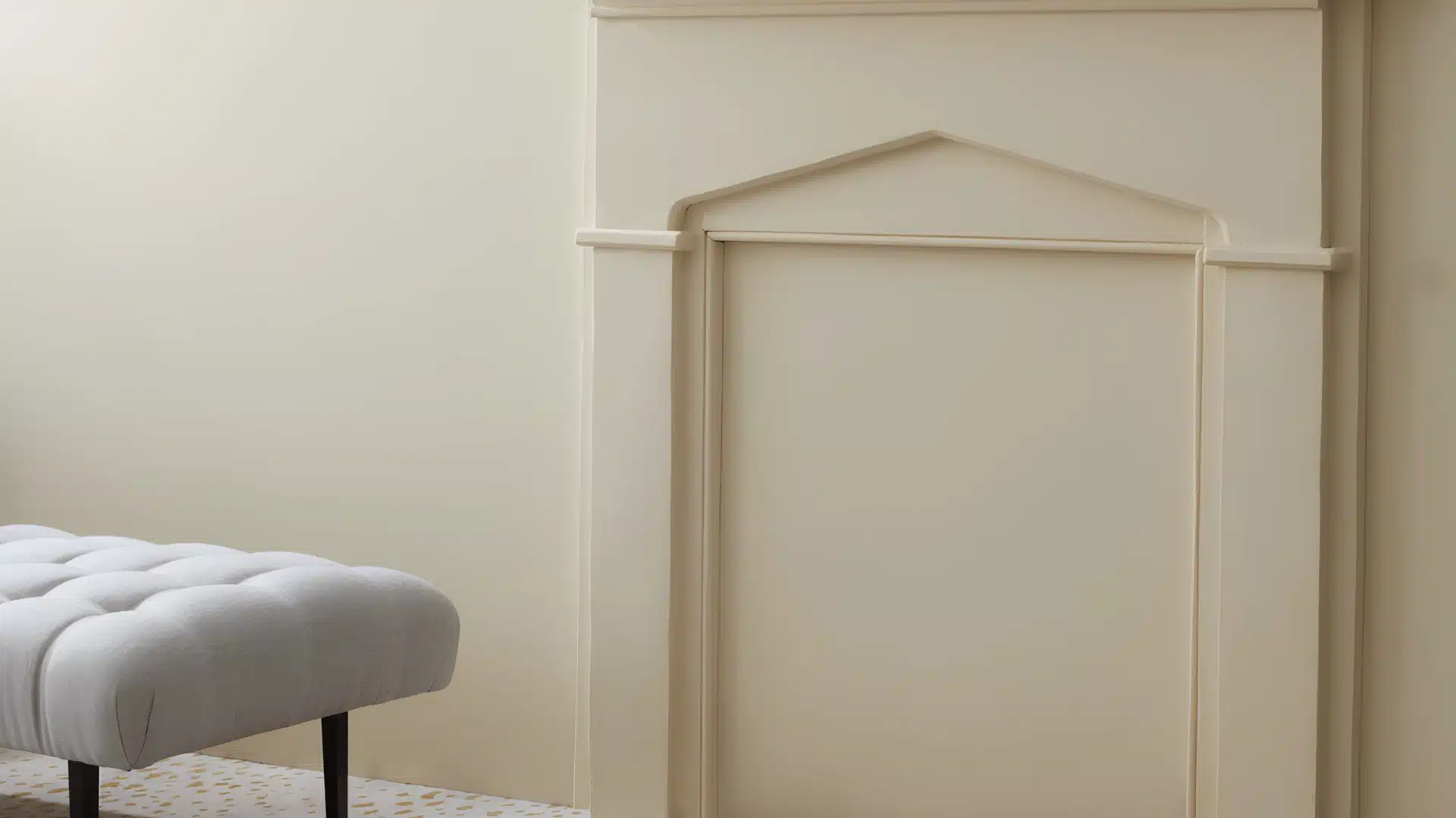 Cream fireplace mantel painted in Revere Pewter beside a tufted bench in a bright neutral room.