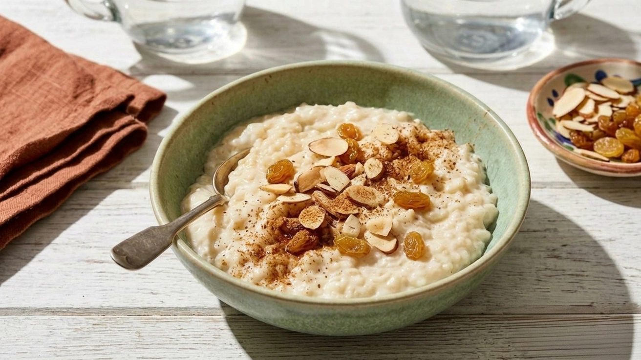 A bowl of rice pudding topped with almonds, accompanied by a silver spoon resting beside it.