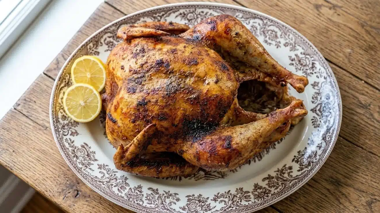 A golden-brown roasted turkey on a white plate, garnished with fresh lemon slices.