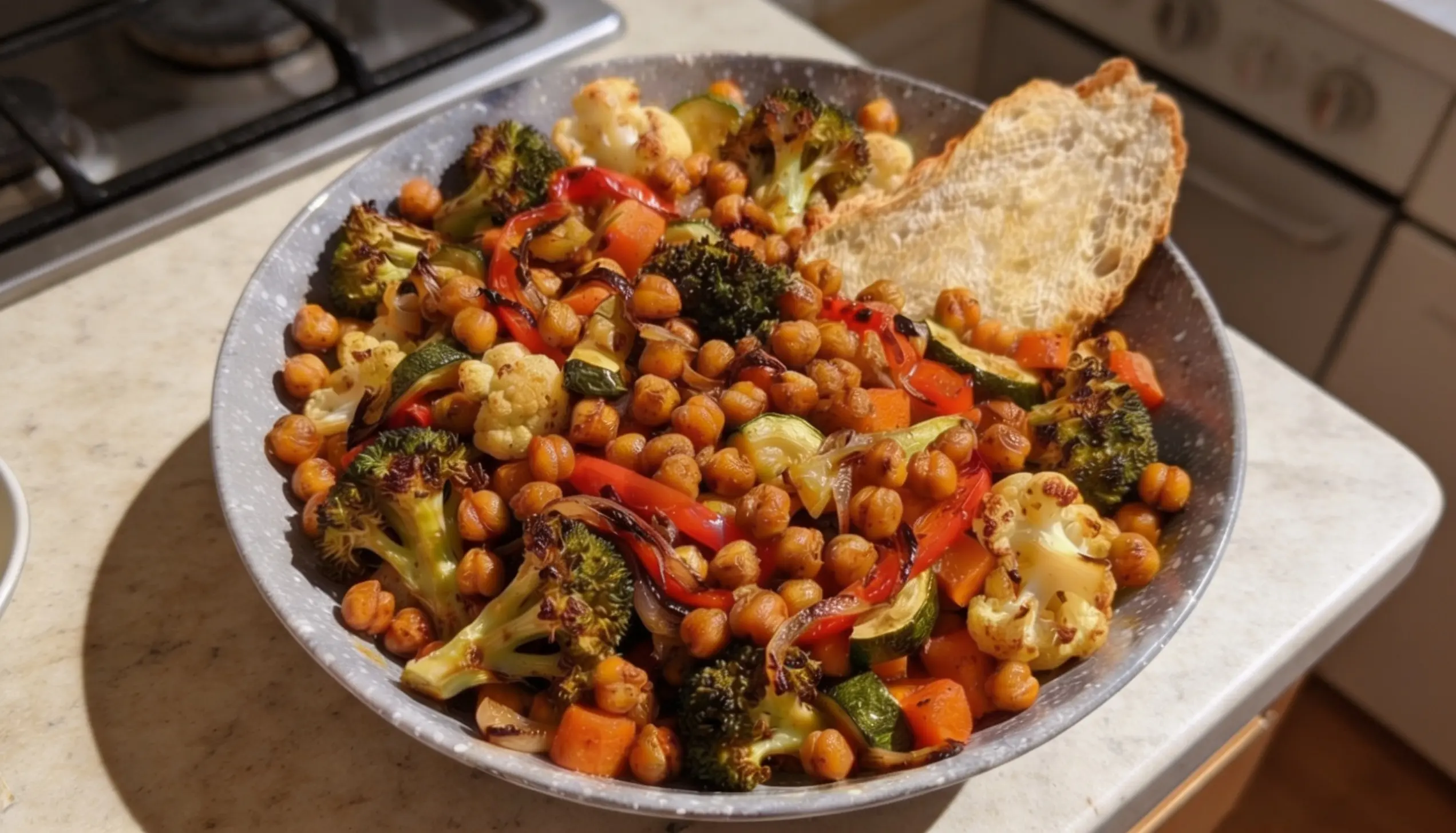 Roasted chickpeas and vegetables including broccoli, cauliflower, zucchini, and red pepper served in a bowl with a slice of bread.