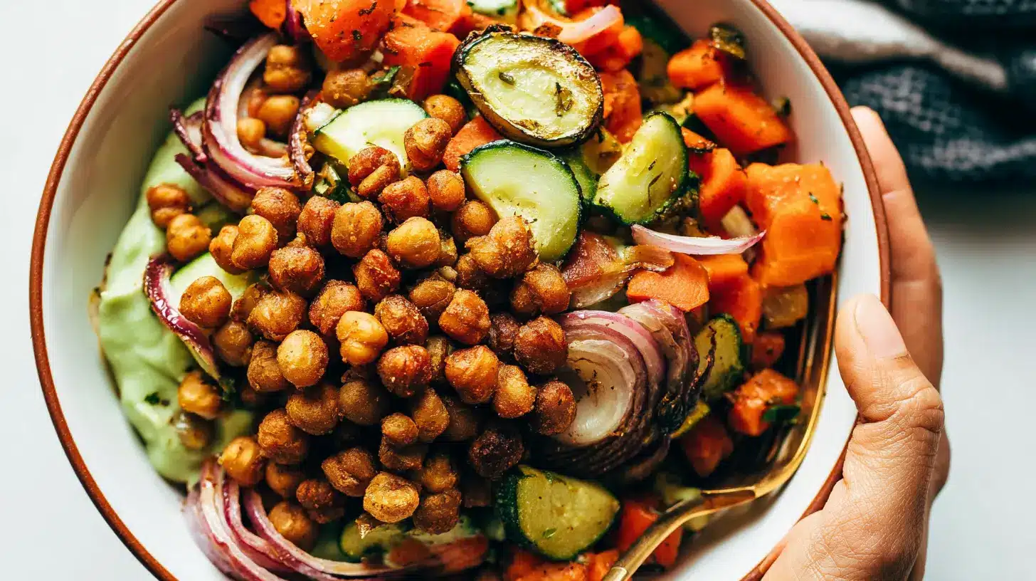 A hearty grain bowl filled with roasted chickpeas, sweet potatoes, zucchini, and red onion atop a creamy green base, held in a ceramic bowl.