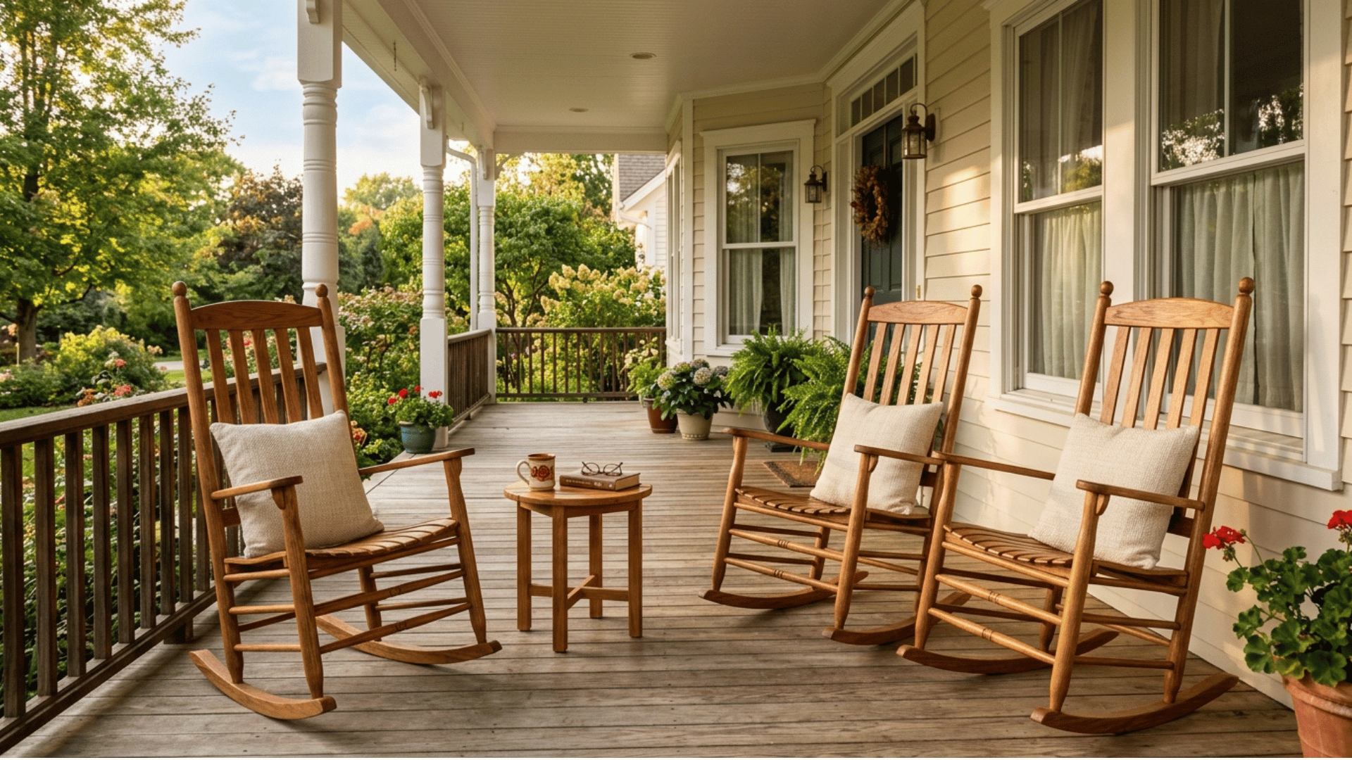 a row of matching wooden rocking chairs and a side table