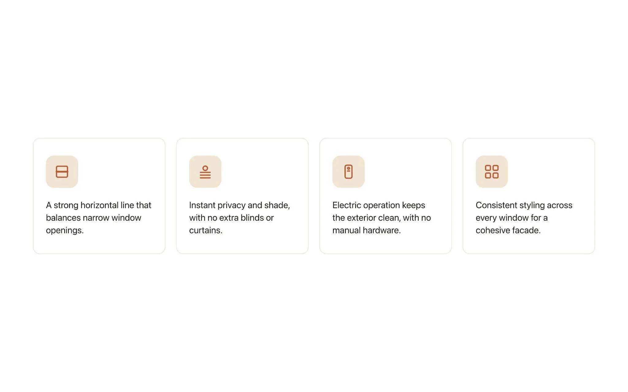 Four illustrated icons with text about window features on a white background