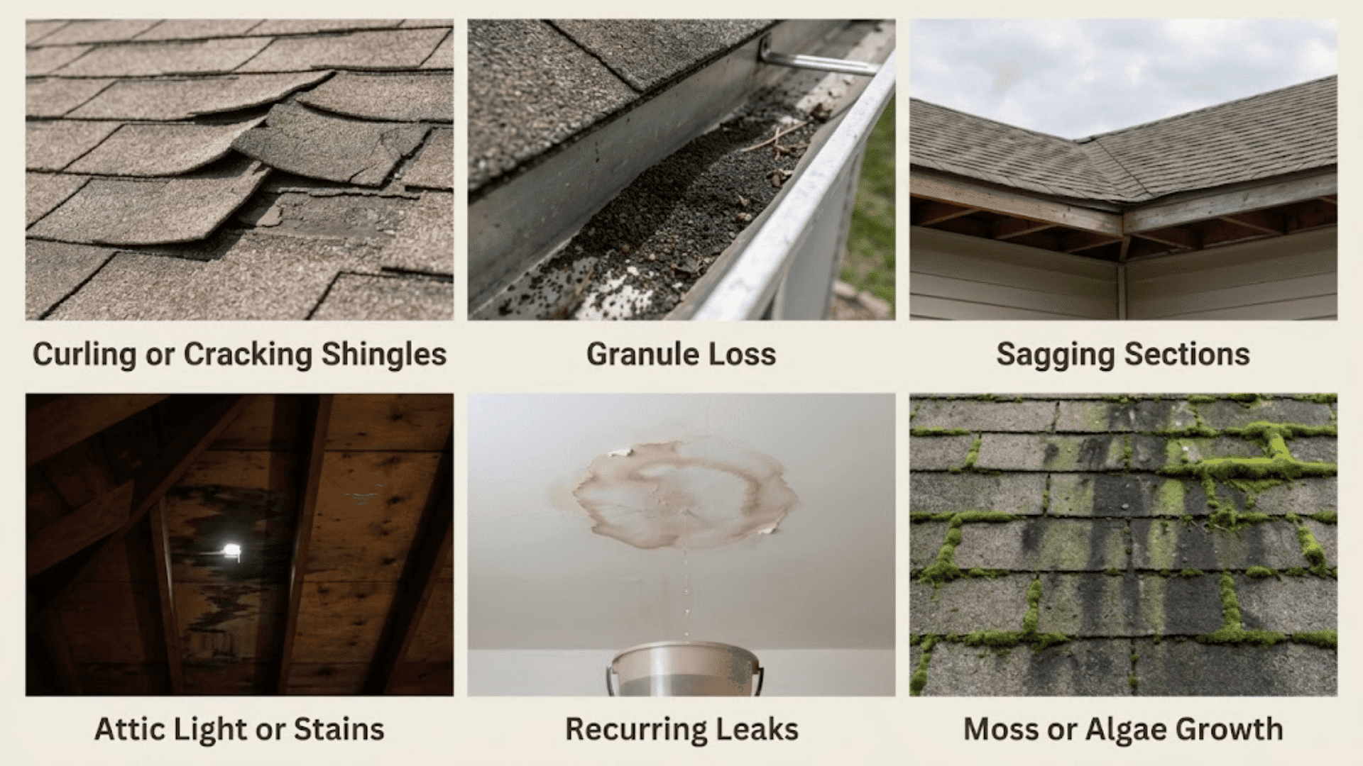common roof damage signs showing cracked shingles leaks moss growth and other roofing problems
