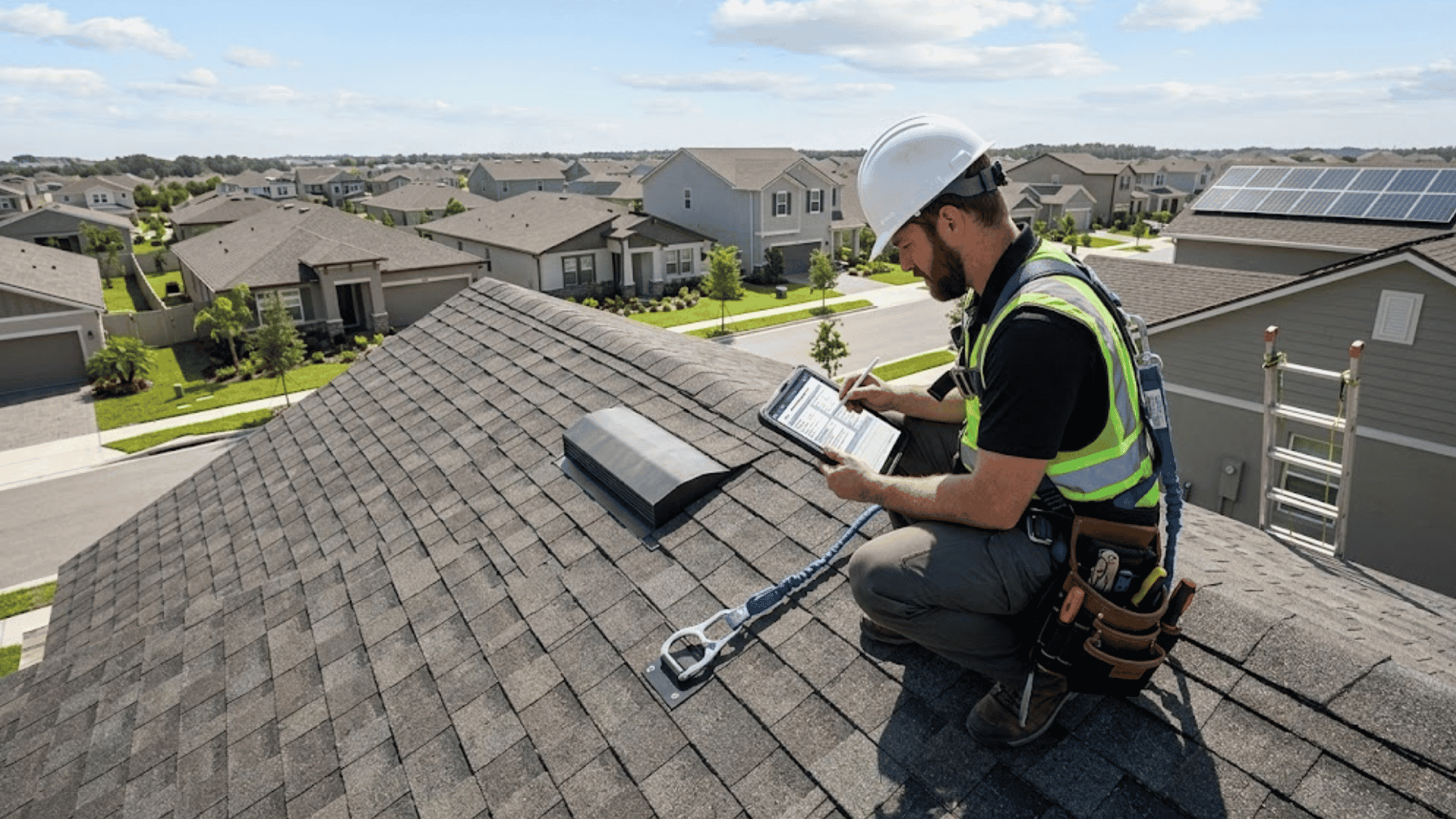 roofer inspecting a house roof with safety harness and checklist in a sunny suburban neighborhood
