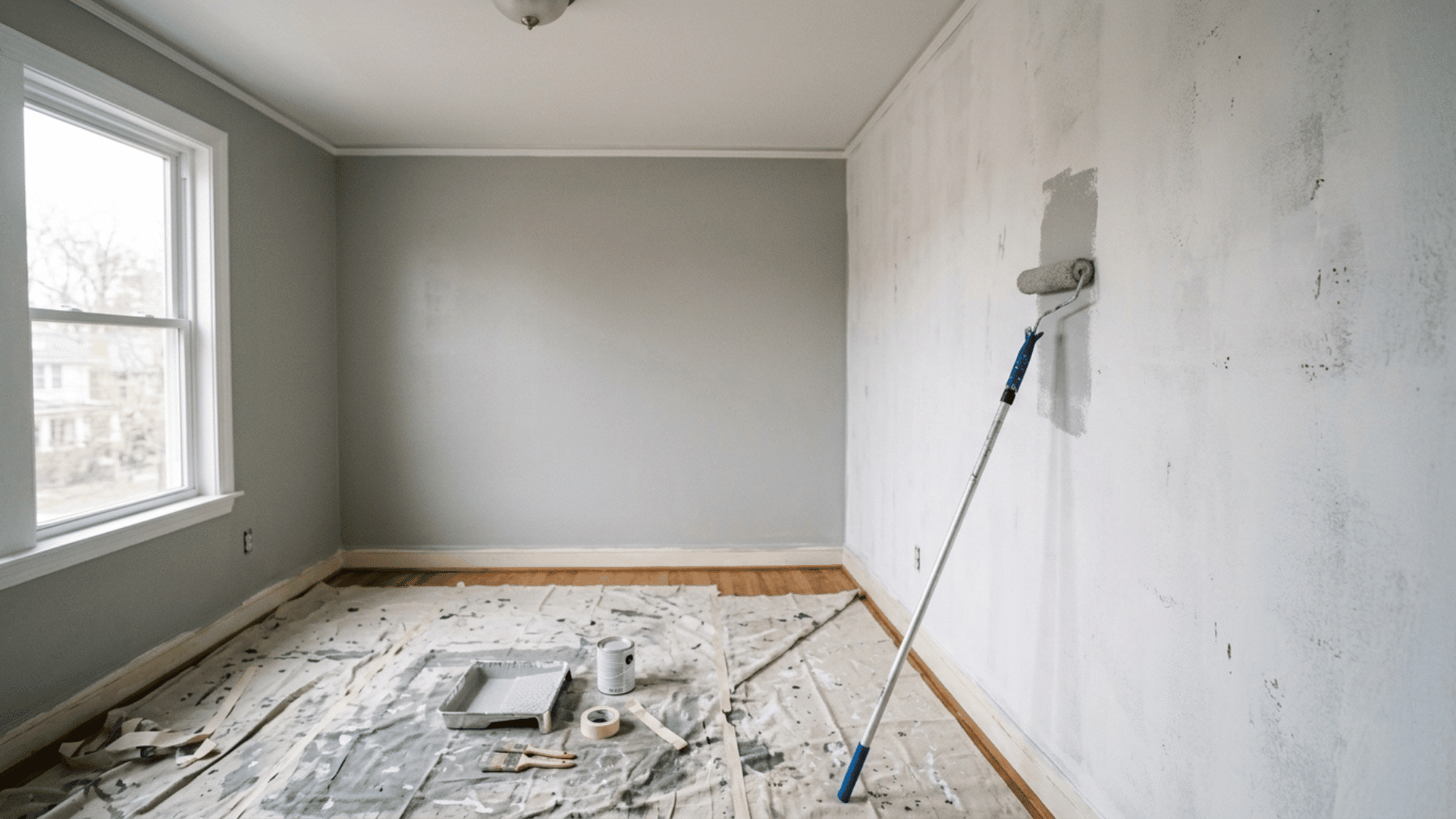 half-painted bedroom wall showing how room size affects how long it takes to paint a room