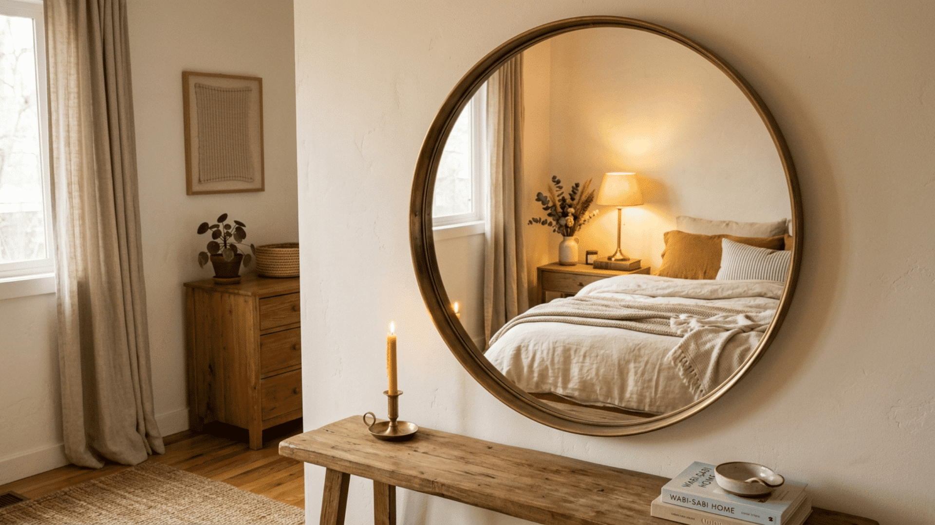 large round brass mirror reflecting a warm cozy bedroom with soft lamp light