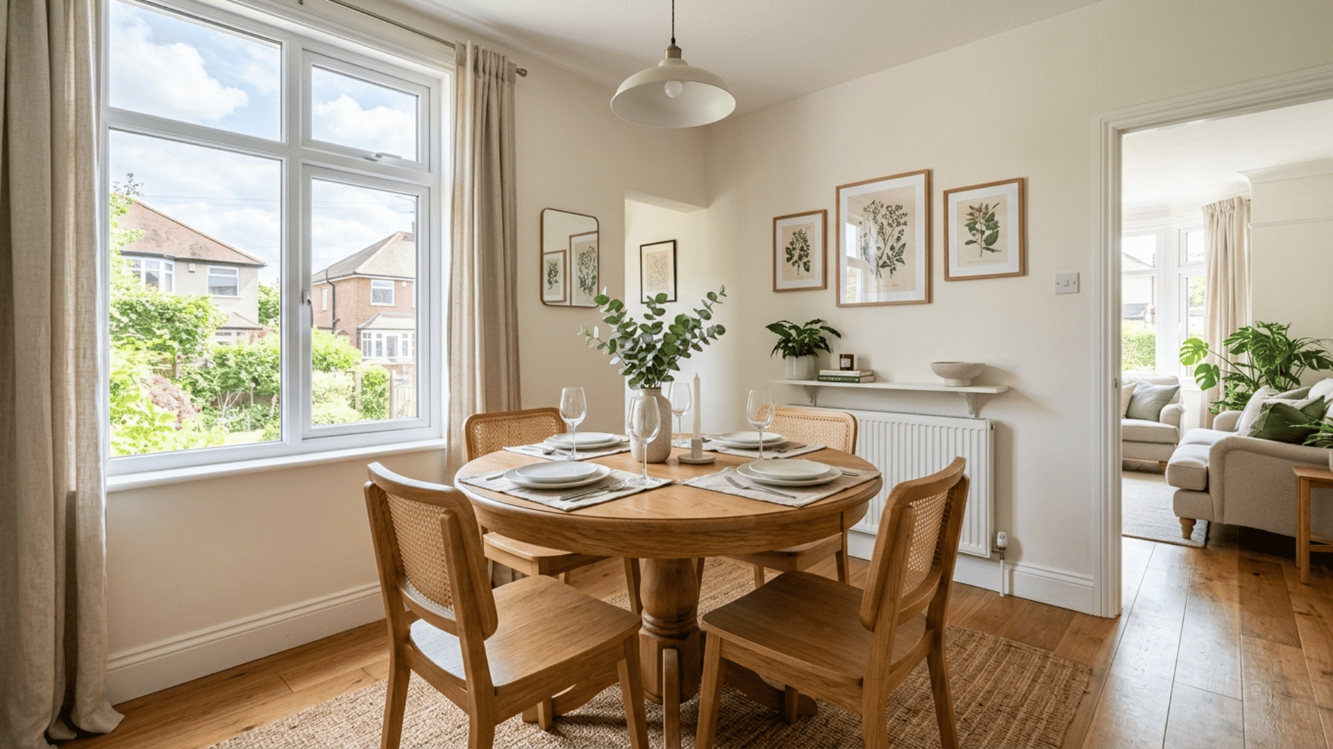 round pedestal table fitted into a small dining room layout
