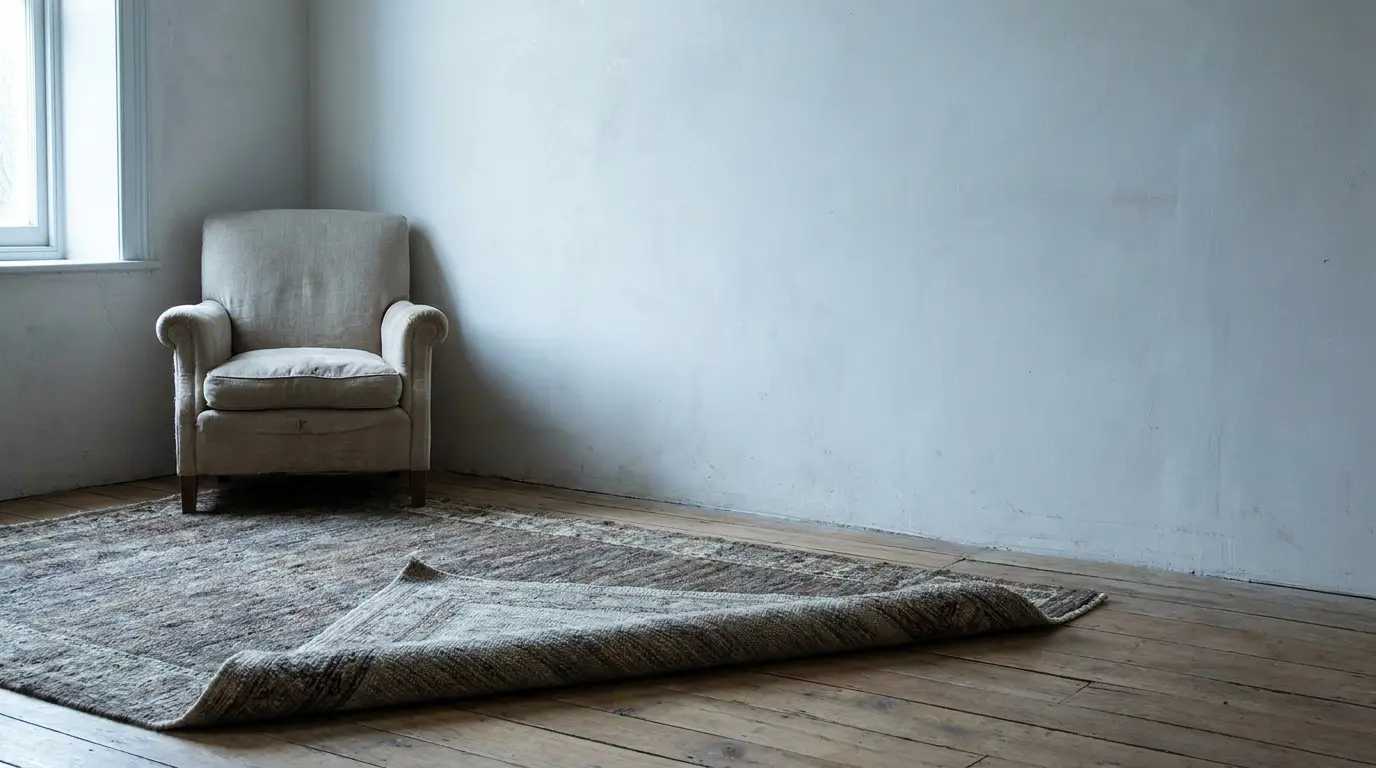 Cozy armchair beside a window on a wooden floor with a partially rolled rug