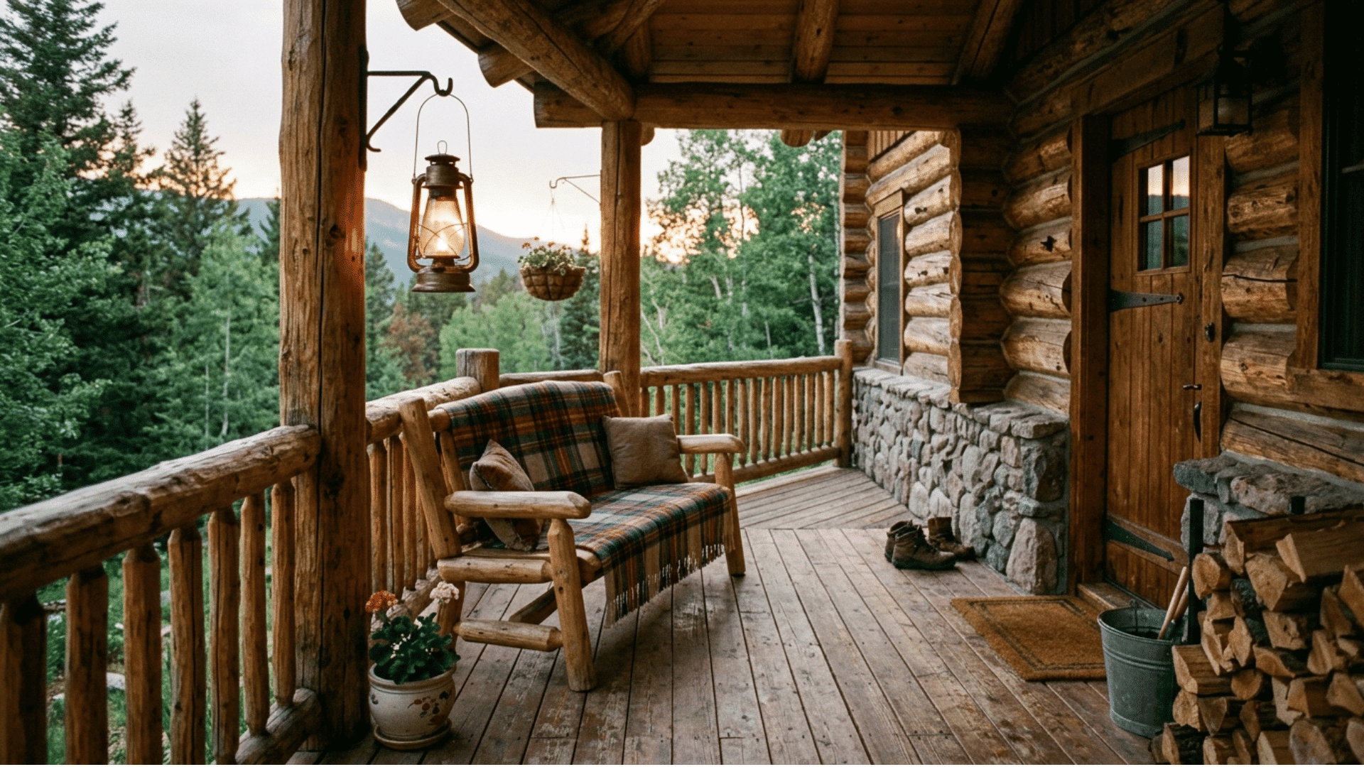 rustic log railings with a plaid throw and lantern