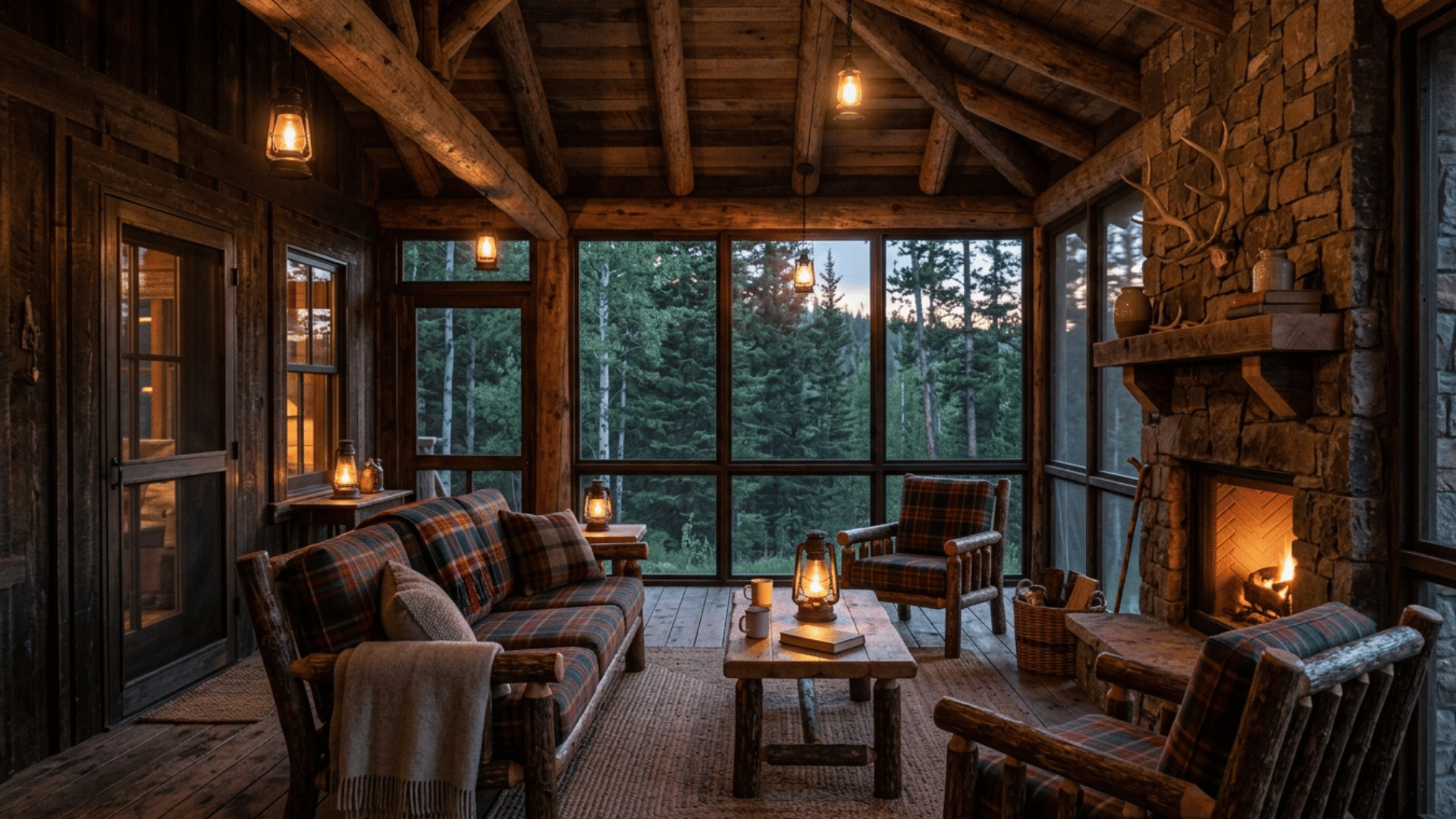 rustic cabin screened porch with timber beams and stone accents