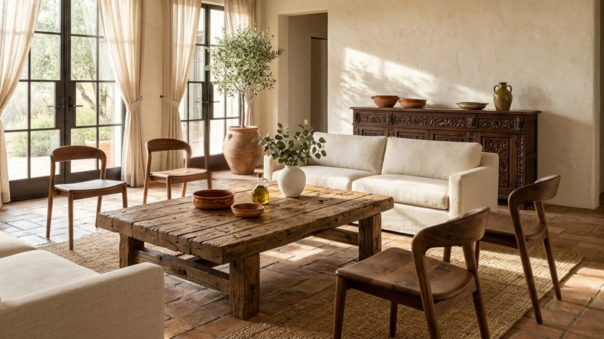 Living room with a rustic wooden coffee table, cream sofa, wooden chairs, and large windows with sheer curtains.