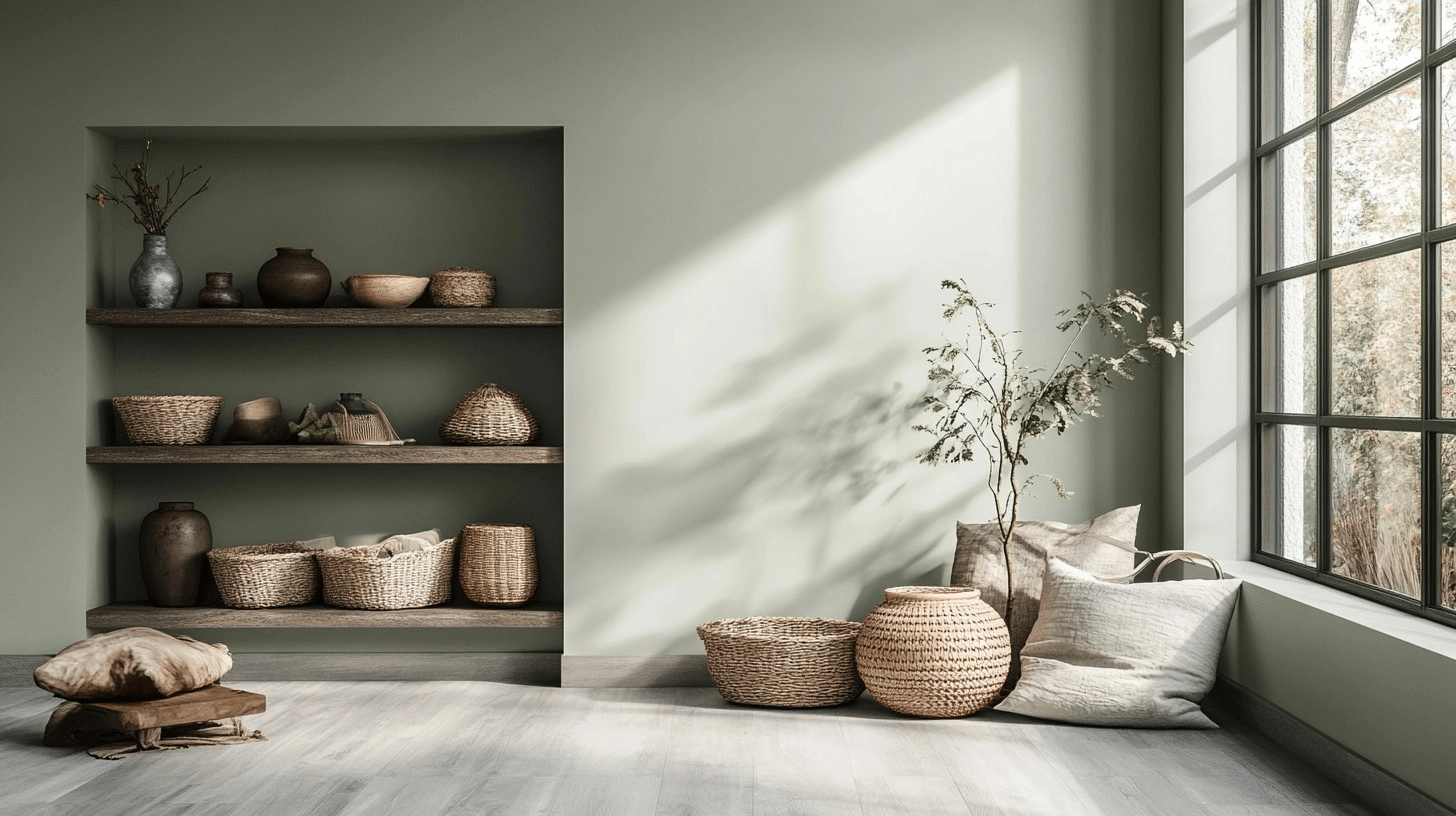 cozy room with sage green walls, woven baskets, wood shelves, and soft natural light by large window