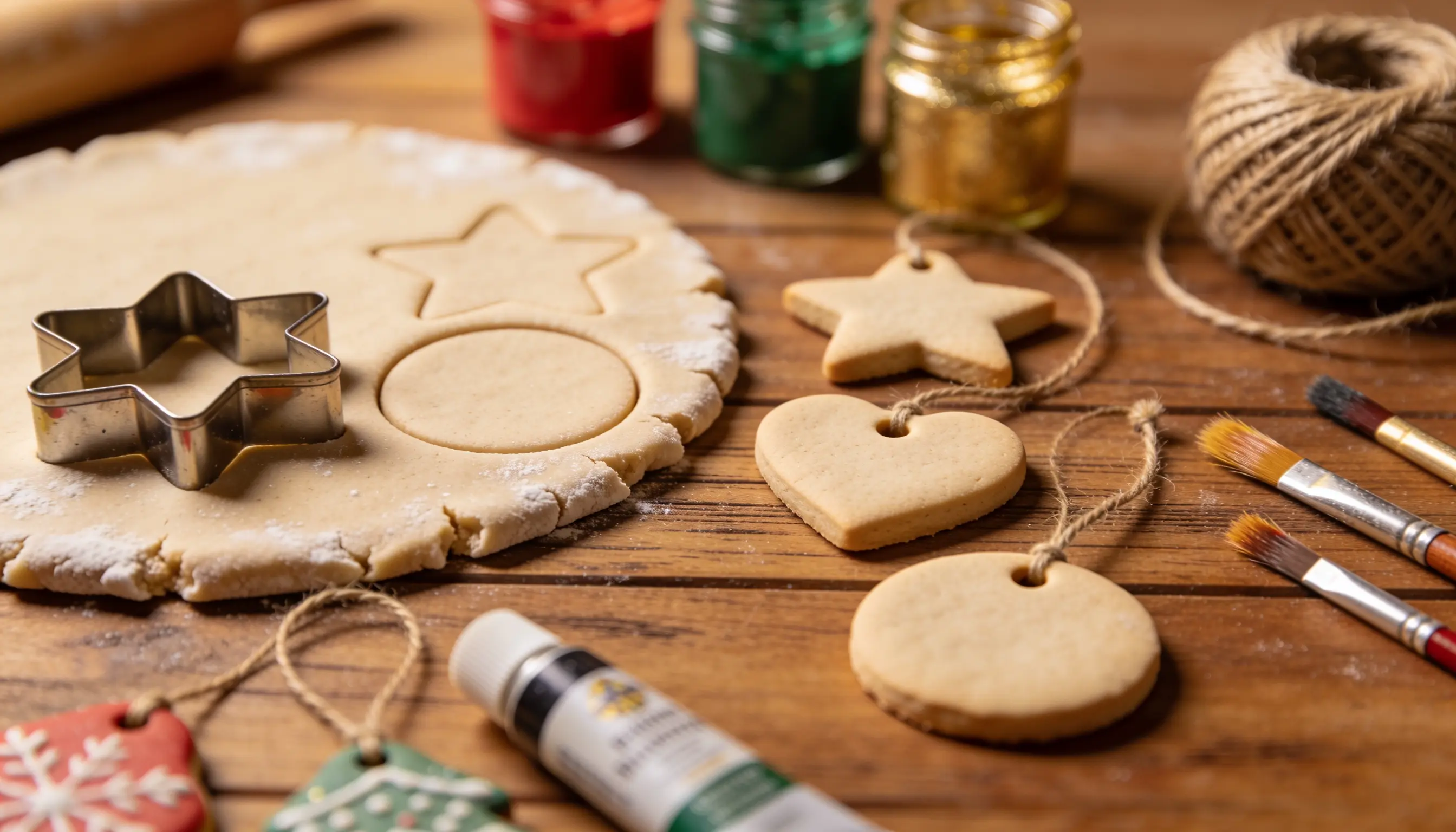 Cookie dough and star-shaped cutter alongside finished star, heart, and round cookies with twine and paintbrushes.