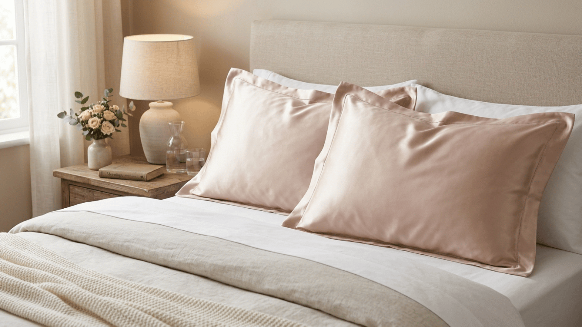 blush satin pillowcases styled on a neatly made cozy neutral bed