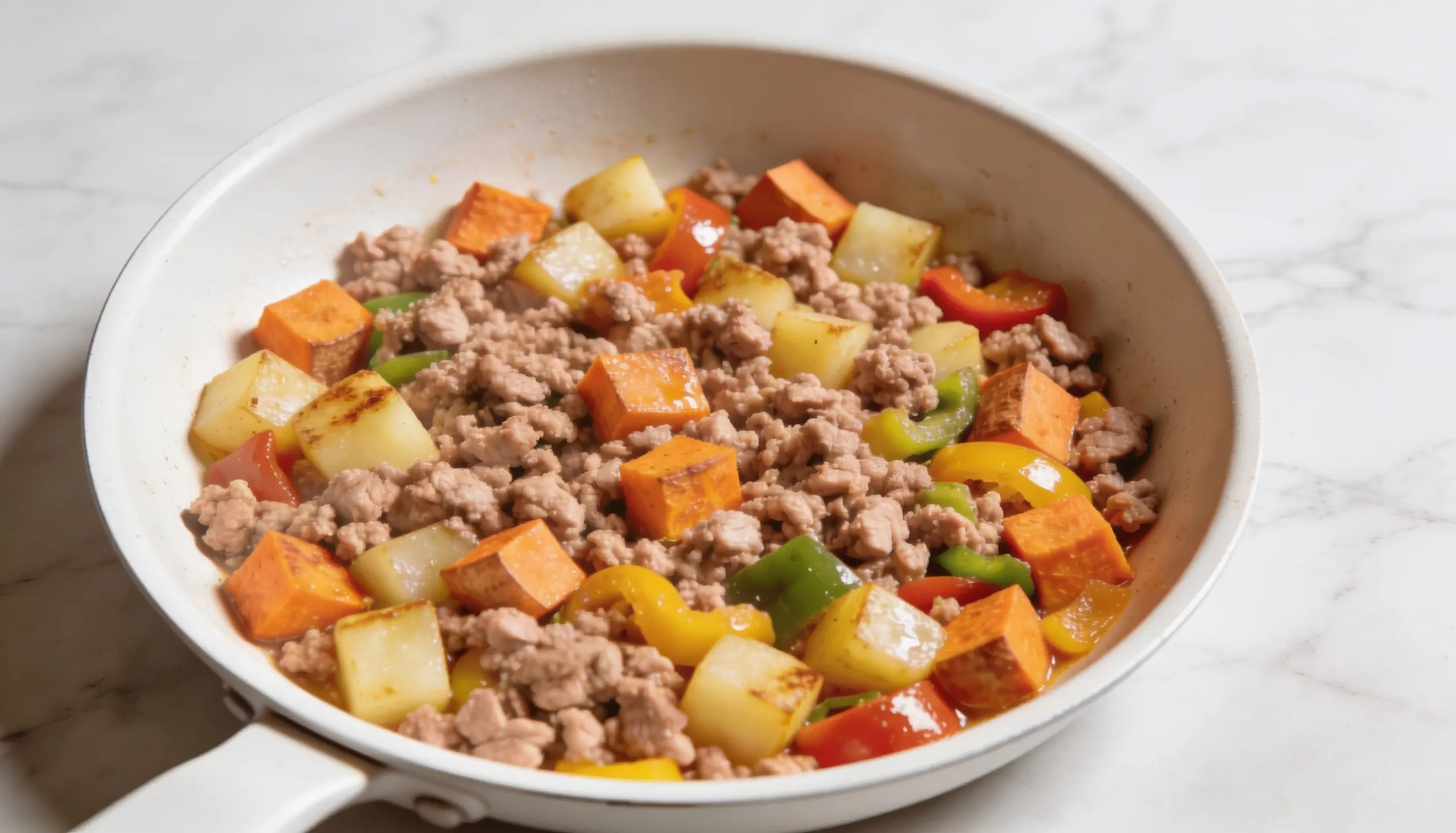 A white cooking pan filled with sautéed meat and a variety of fresh vegetables, ready for a meal.