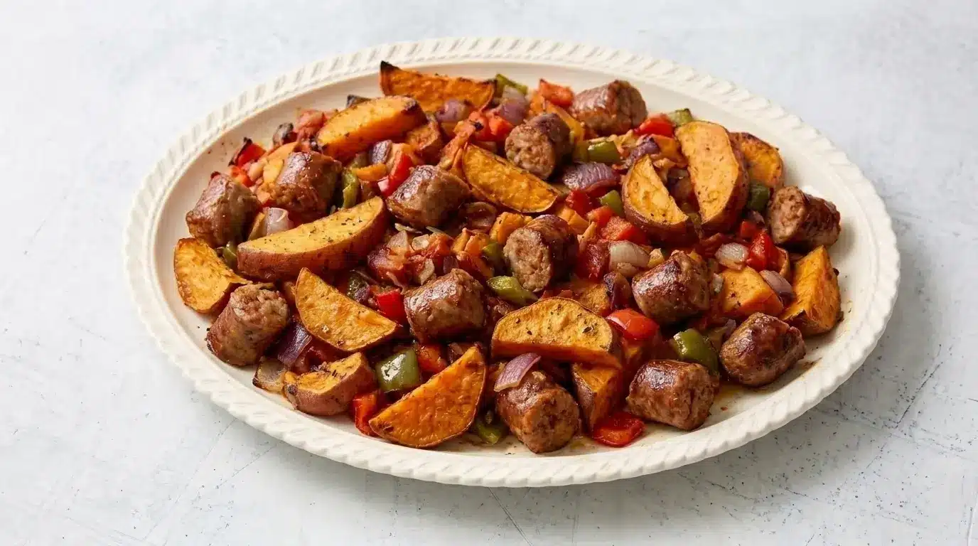 A platter of sausage, sweet potato wedges, and mixed bell peppers and onions.