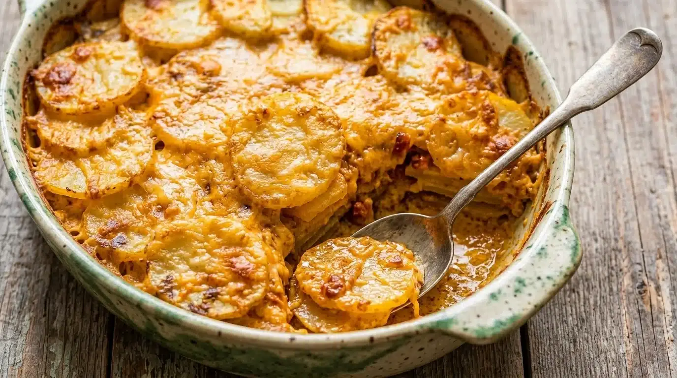 A delicious potato casserole, showcasing layers of potatoes, and melted cheese in a baking dish.
