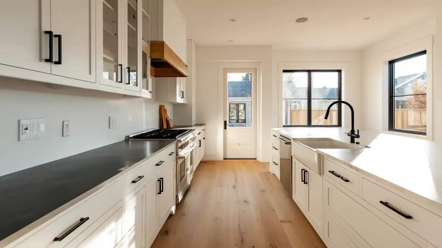 Scandinavian-inspired kitchen with white cabinets, black countertops, light wood flooring, black hardware, and large windows that fill the space with natural light.