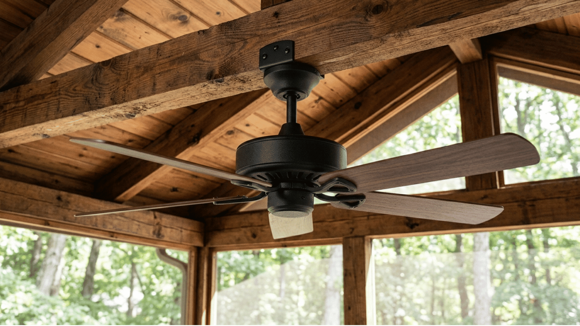 matte black ceiling fan installed on a screened porch ceiling