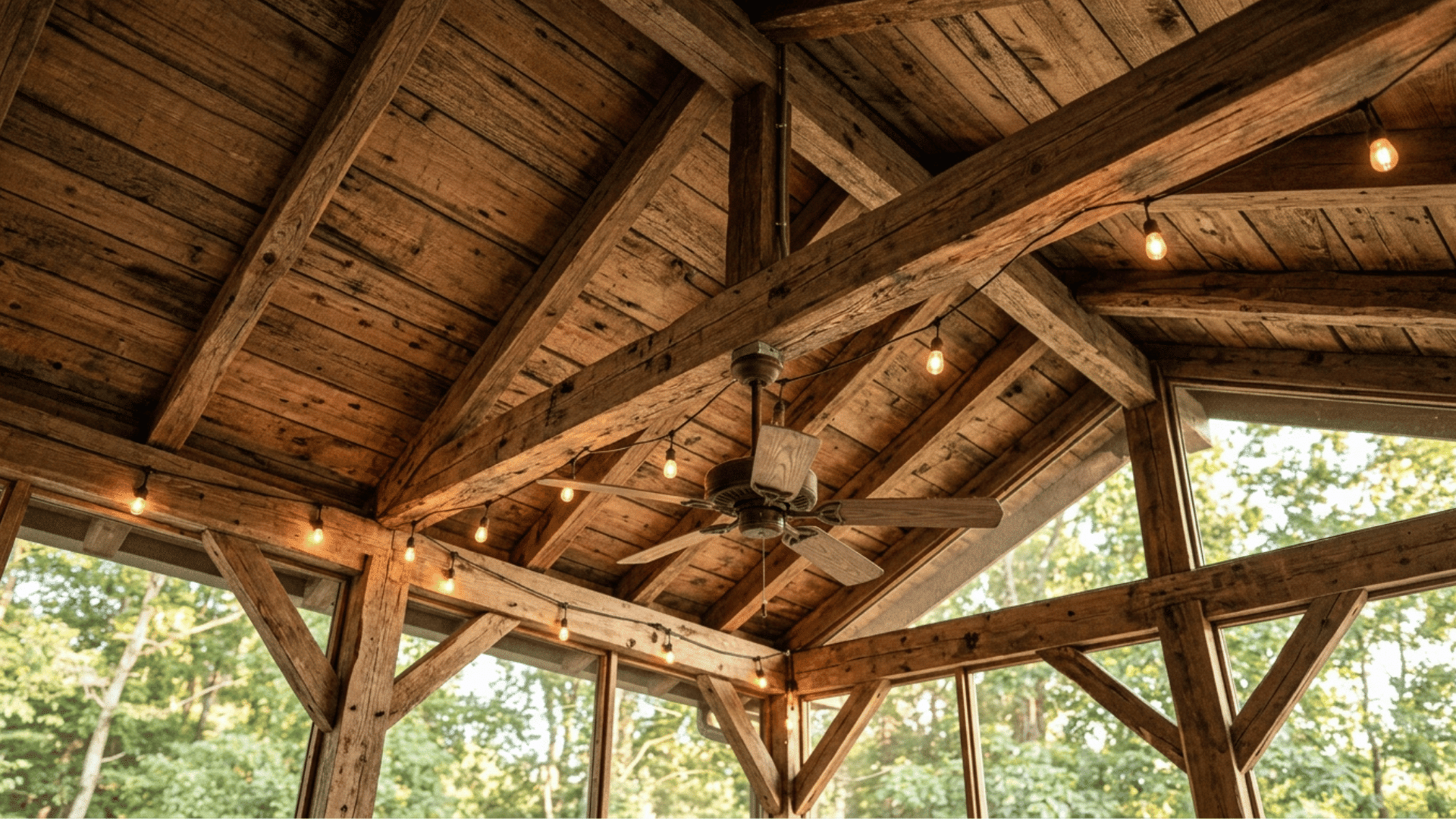 natural wood plank ceiling detail on a screened porch