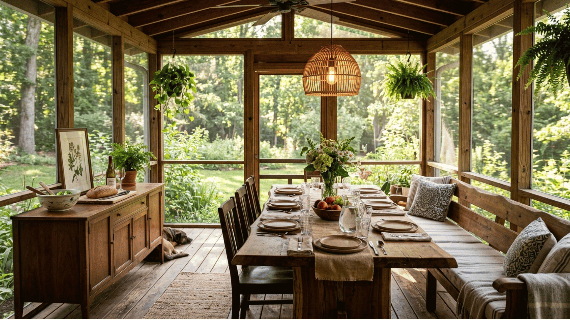 screened porch dining area with wooden table and pendant lighting