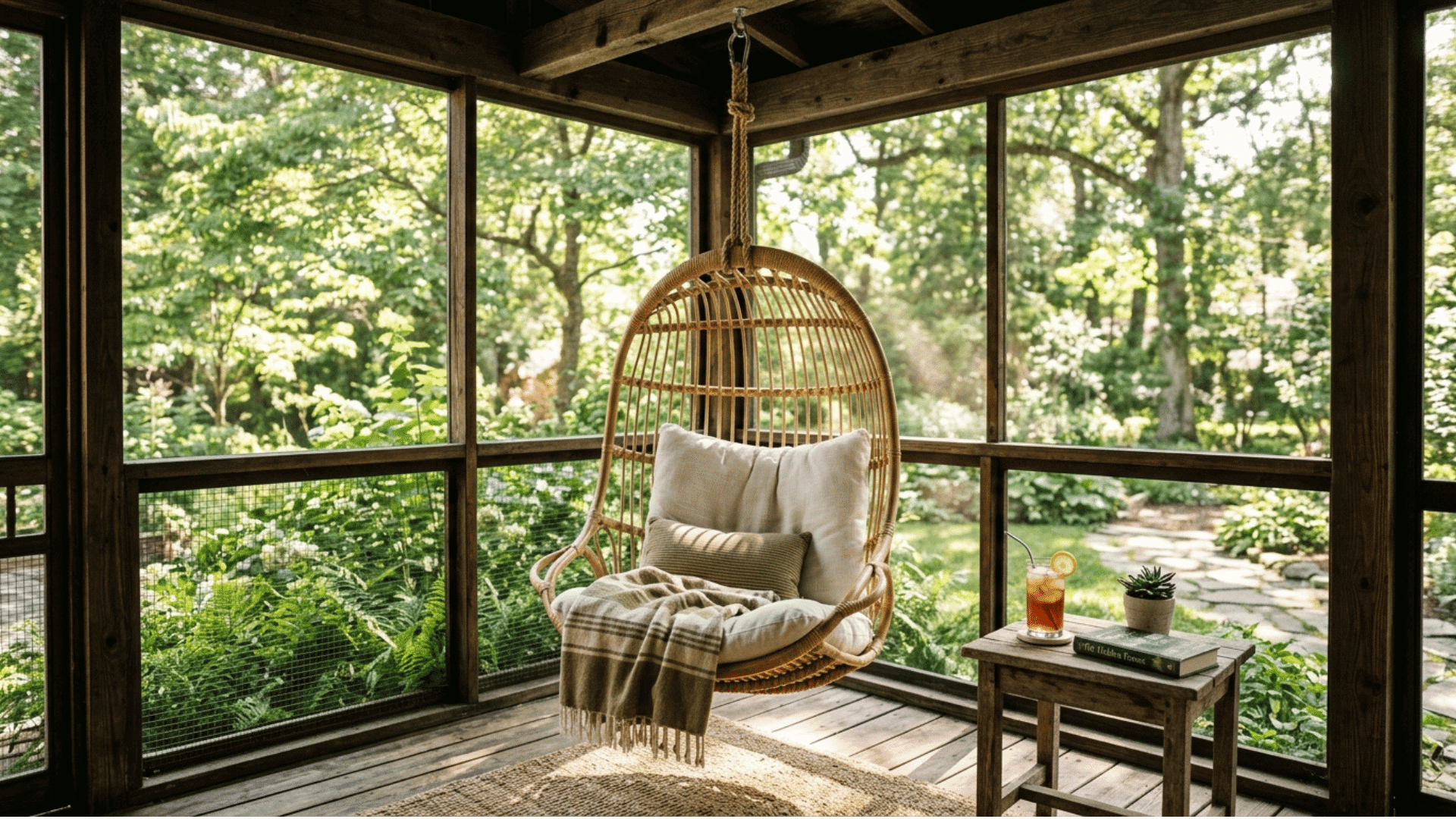 screened porch corner with hanging rattan chair and side table
