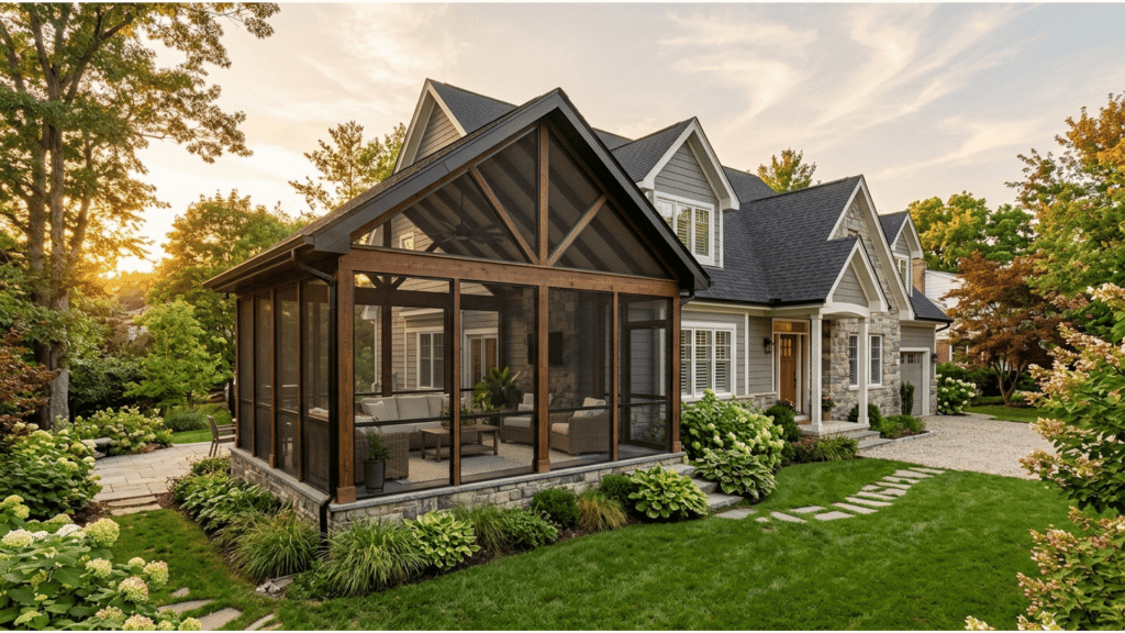 home exterior featuring an attached screened porch with landscaping