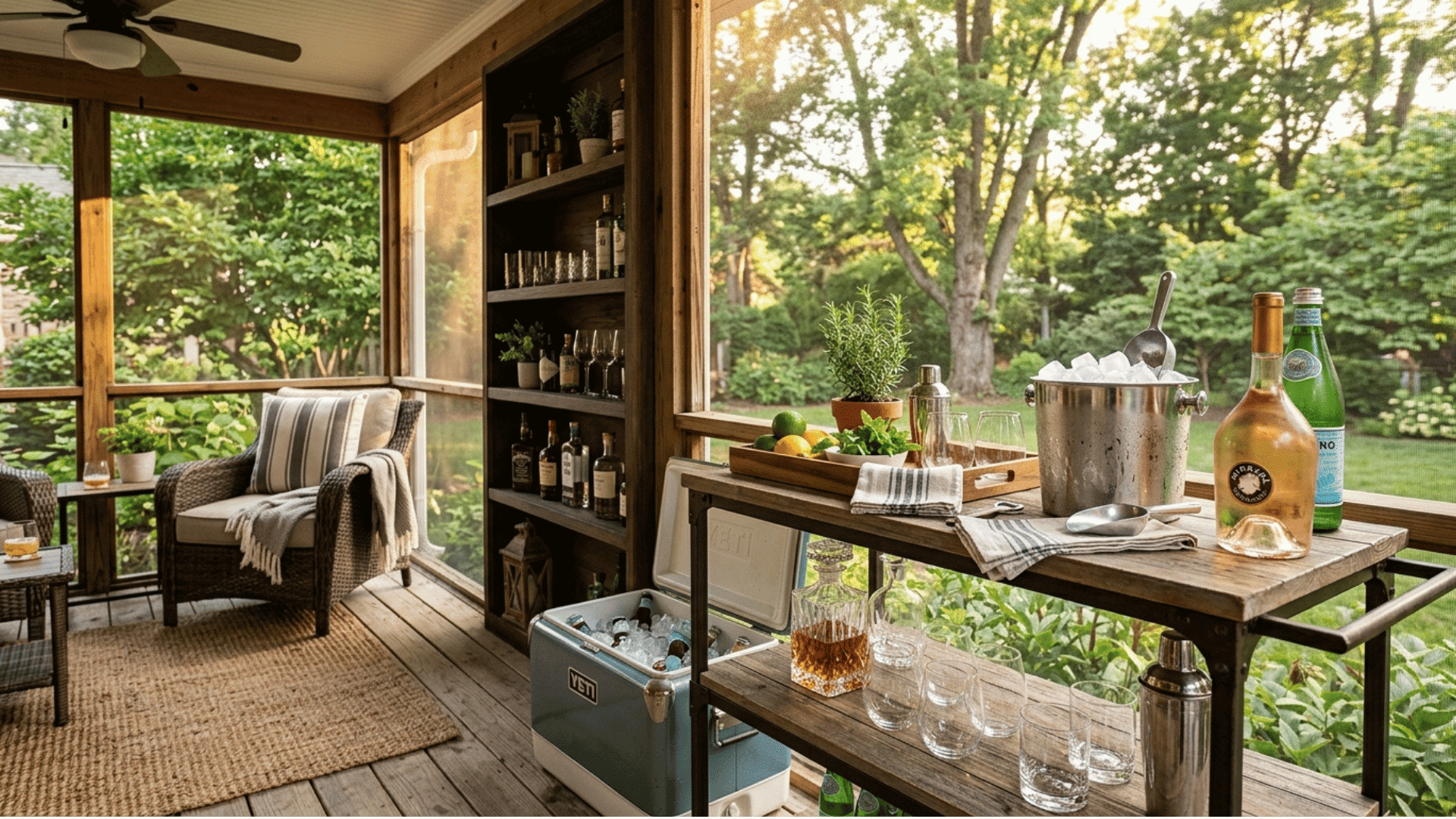 screened porch mini bar cart with glassware and cooler nearby