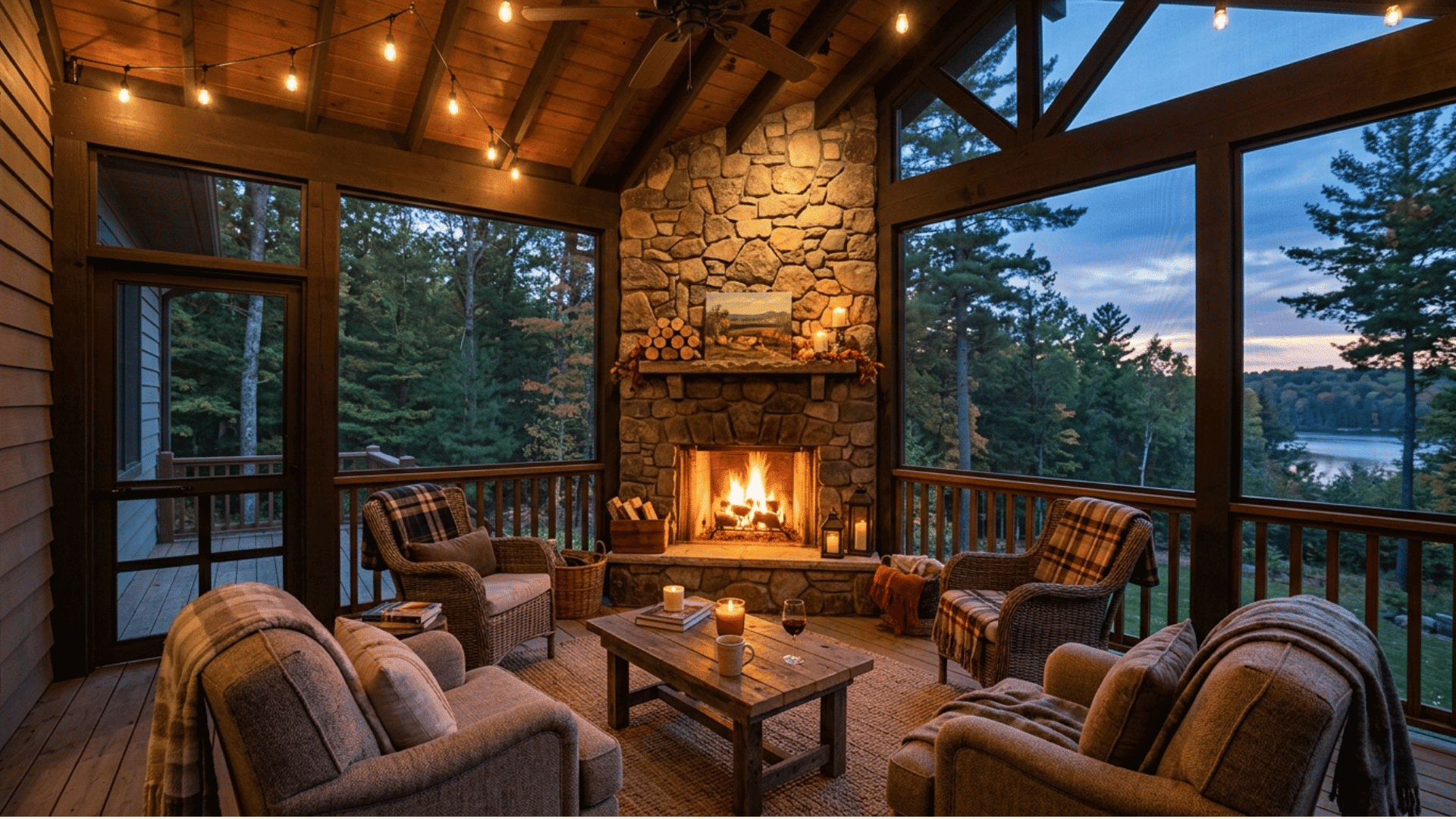 screened porch with lit stone fireplace and surrounding armchairs