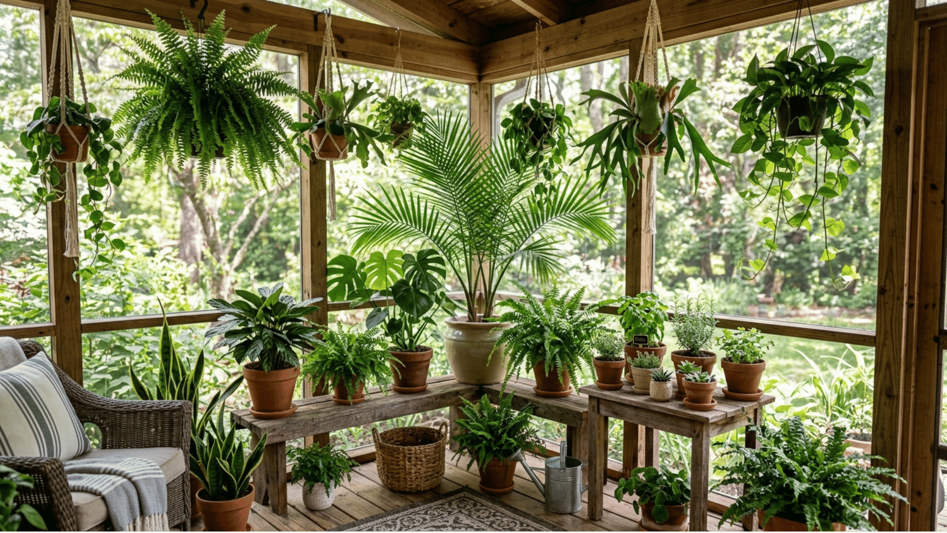 screened porch corner with hanging ferns and potted green plants